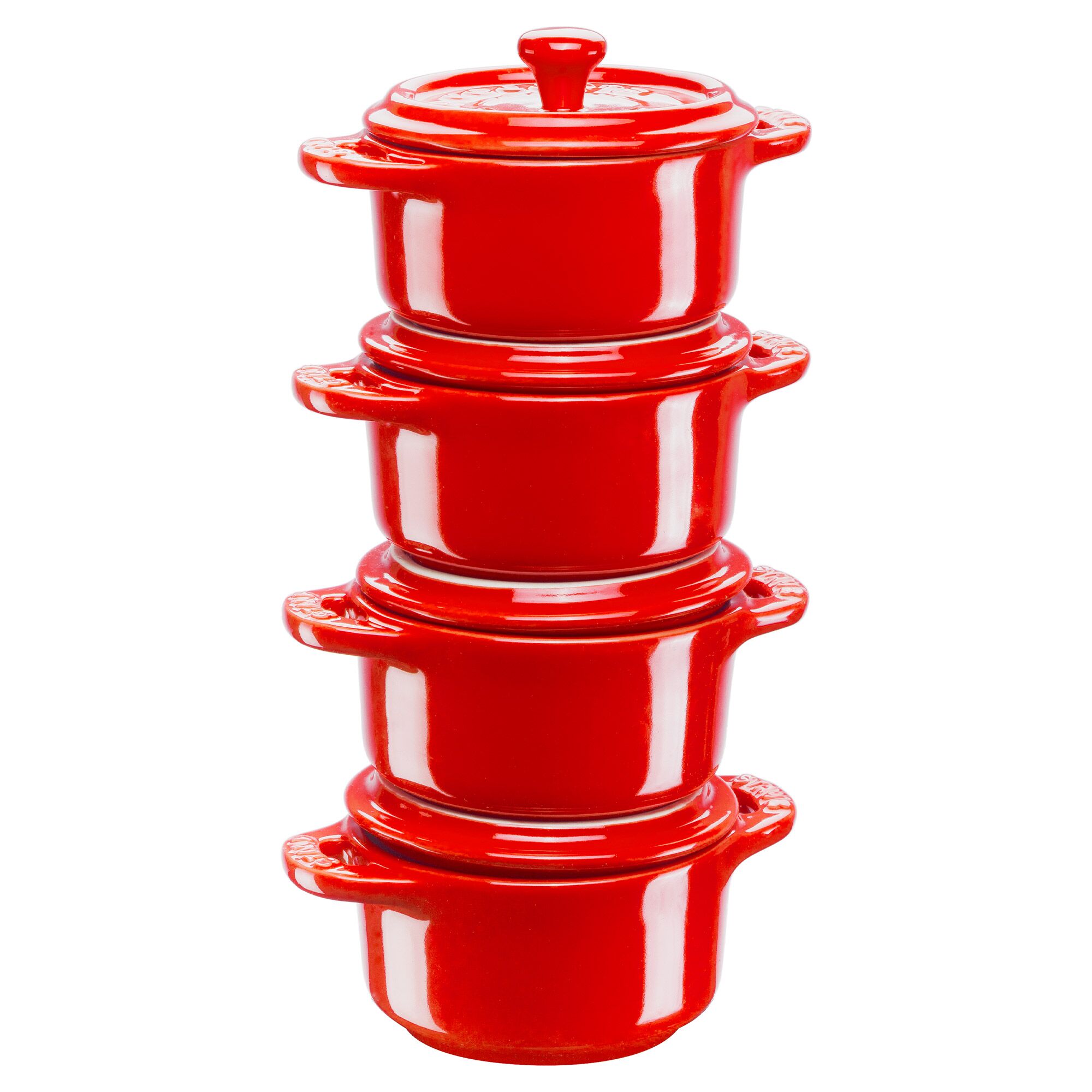 (4) STAUB| Ceramic Mini Cocotte Set, Round – Cherry Red - Ø 100 mm - 0.20 L Each
