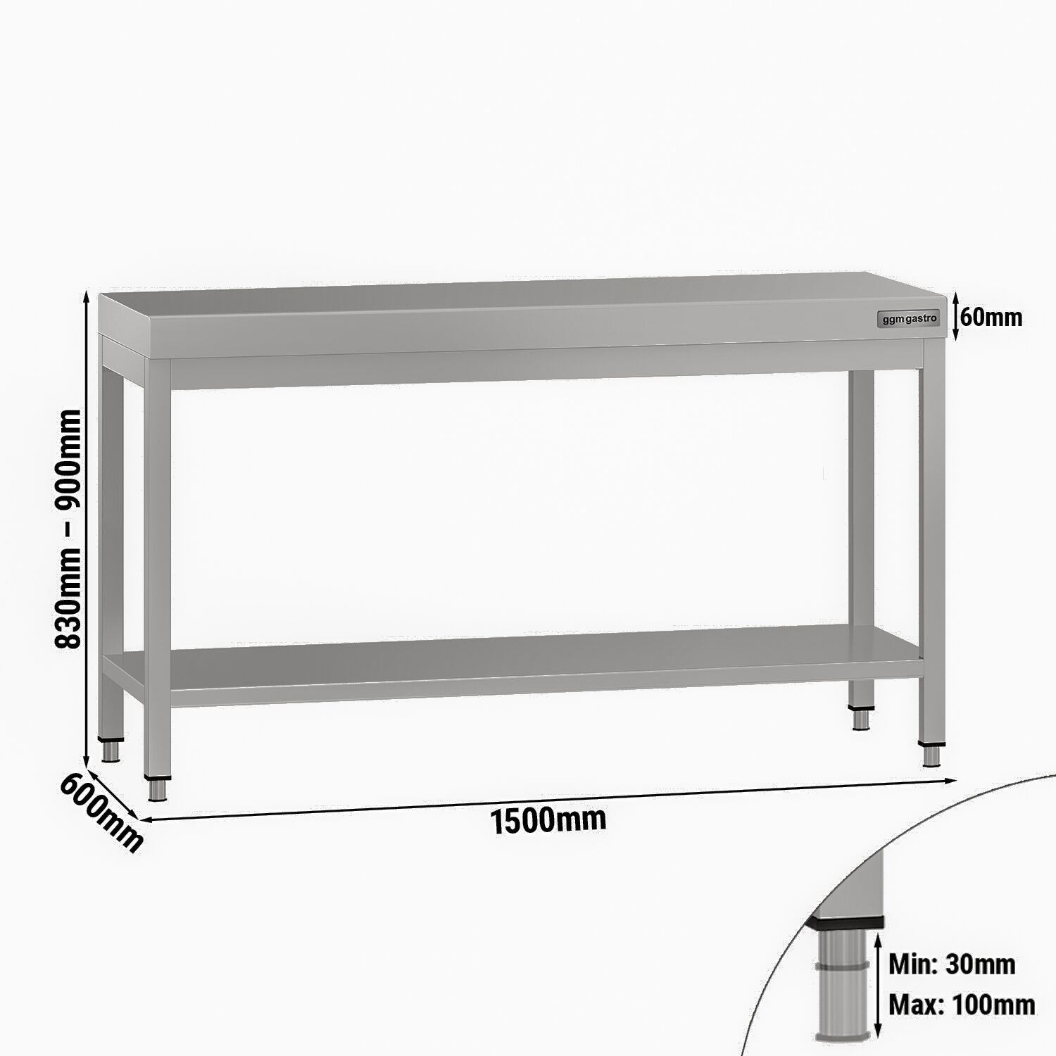 Table de travail en inox ECO – 1500 × 600 mm – avec tablette inférieure
