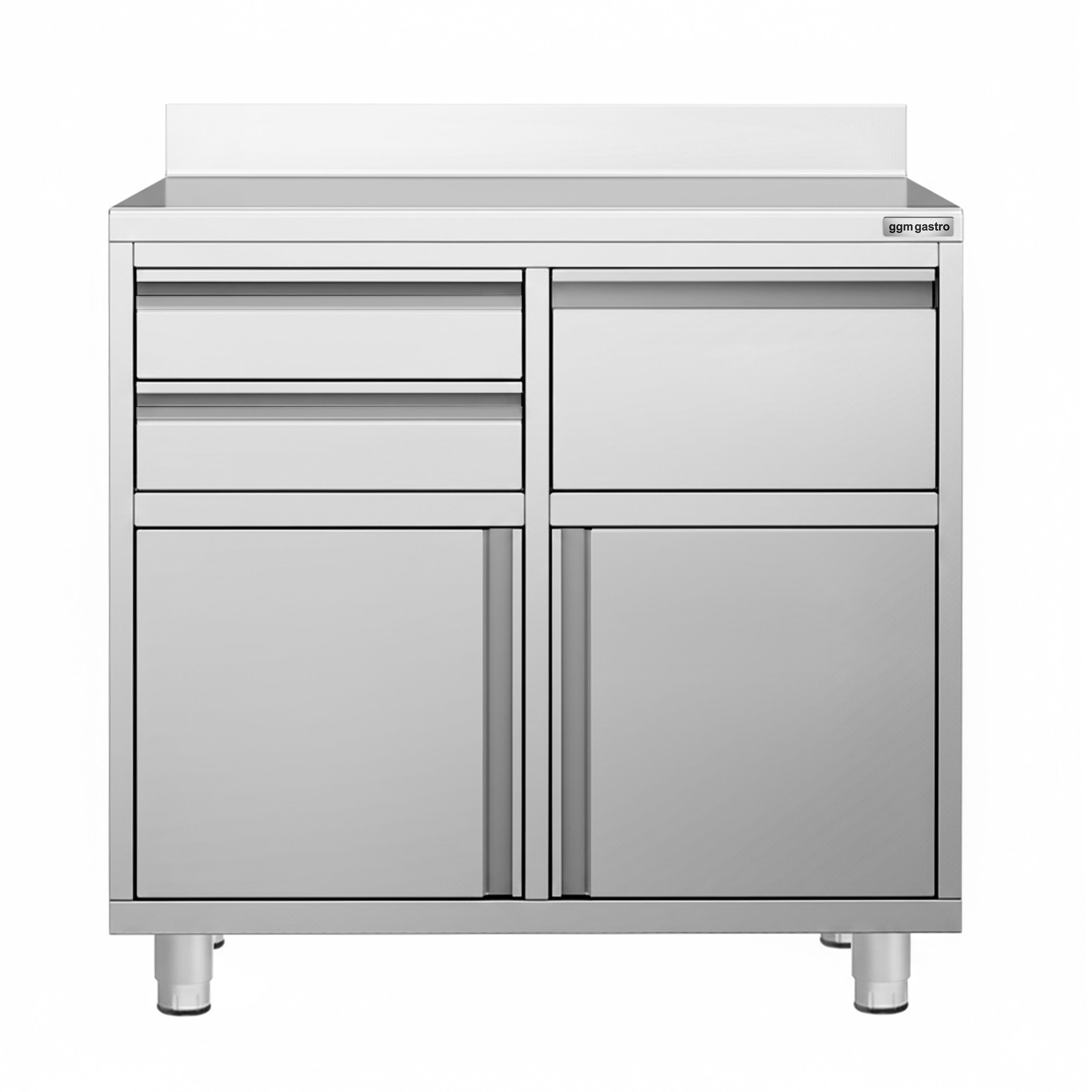 Armoire de travail PREMIUM pour machine à café filtre - 1000x600mm - avec dosseret - 2 tiroirs, 1 porte battante, 1 tiroir à marc de café