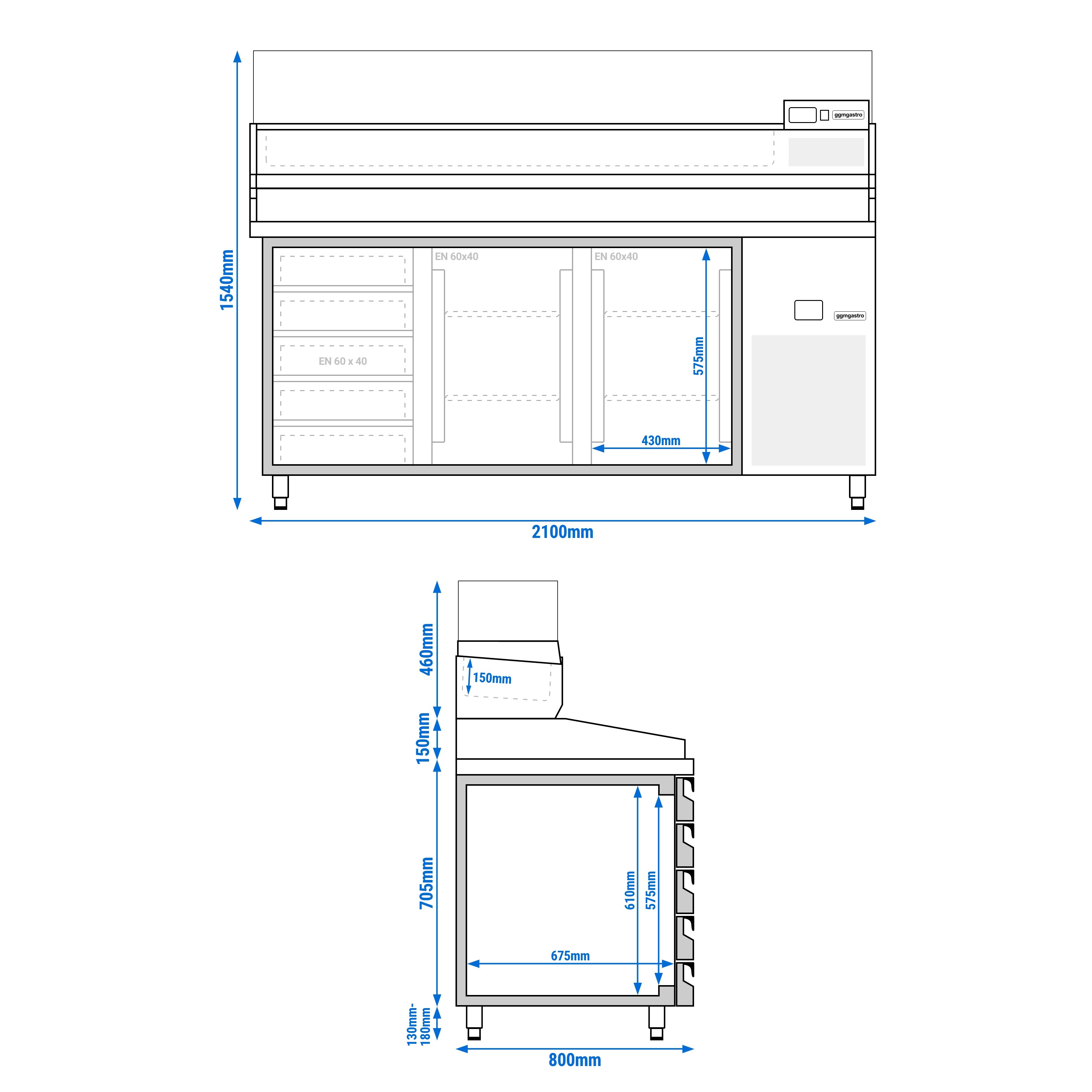 Table réfrigérée à pizza PREMIUM - 2100x800 mm - avec 2 portes & 5 tiroirs - incl. vitrine réfrigérée - 10x GN 1/3