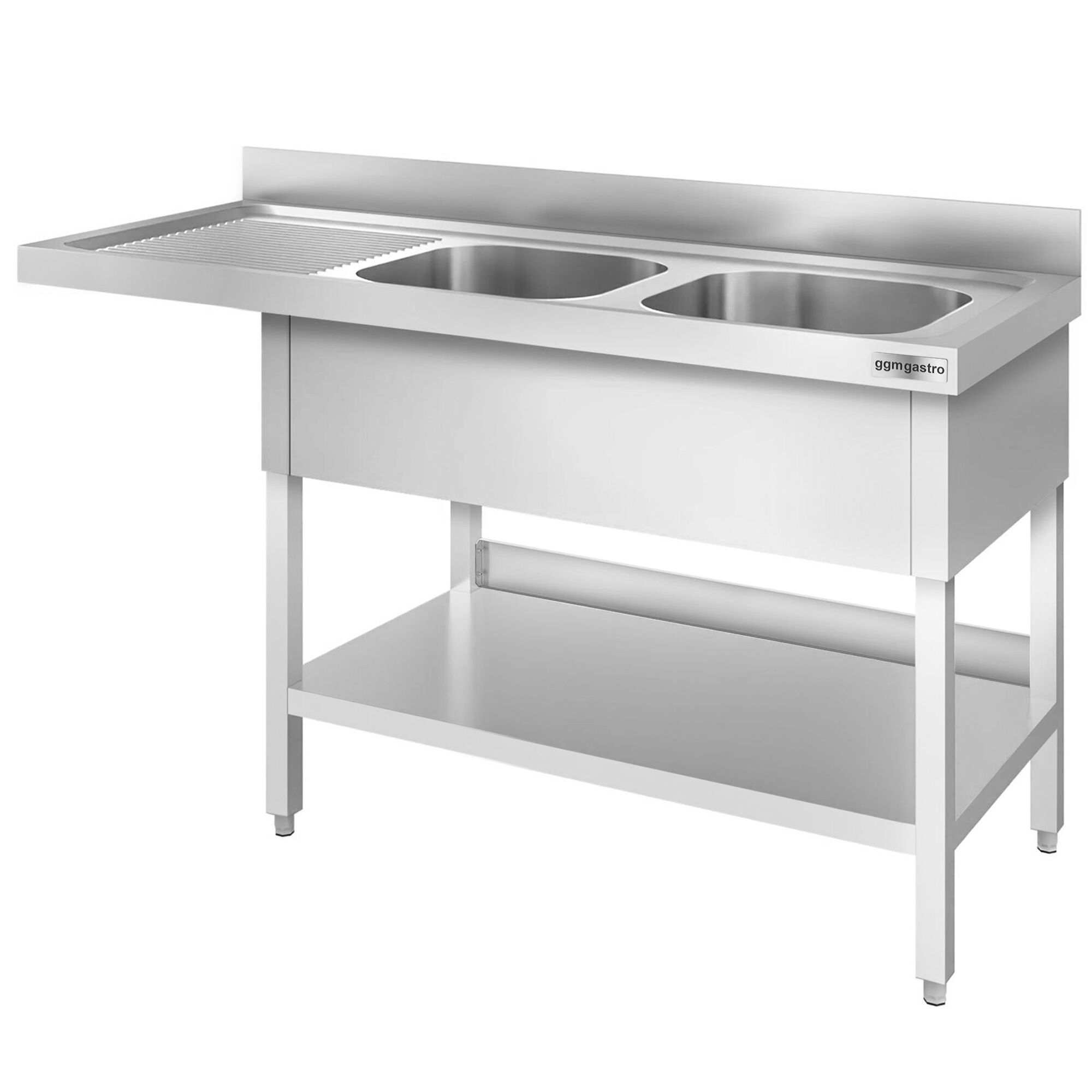 Plonge PREMIUM en acier inoxydable - 1600x700mm - 2 bacs - bac à droite - avec espace lave-vaisselle - adossée/avec dosseret