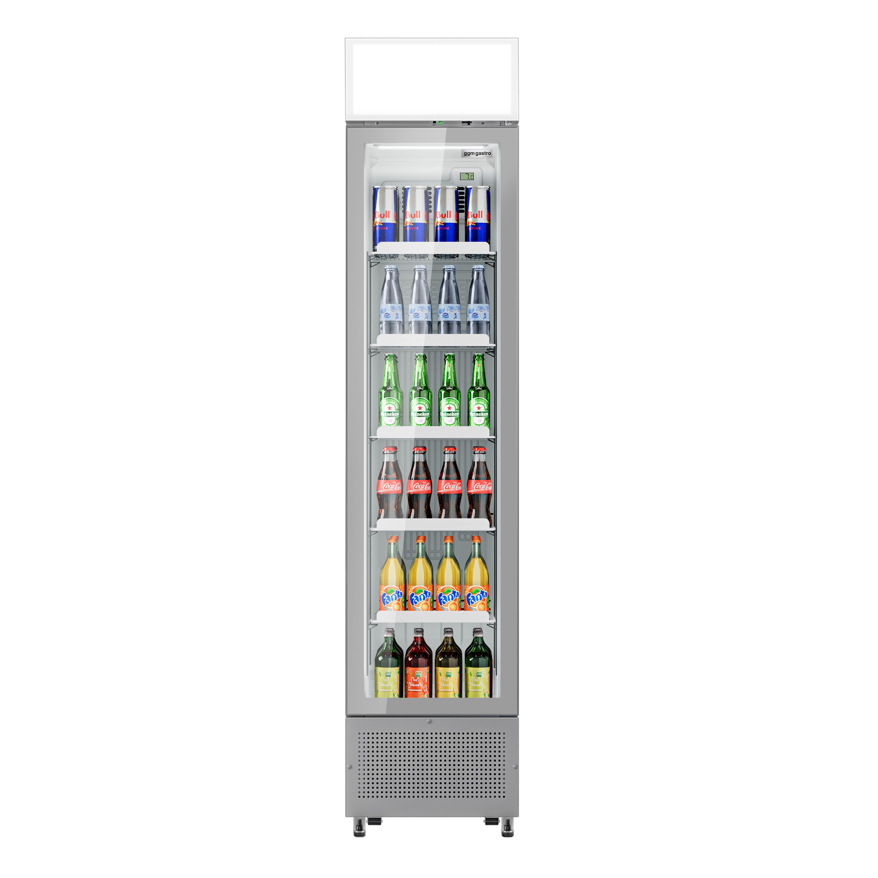 Commercial Beverage Display Fridge with Illuminated Canopy - 435mm - 145 Litres - with 1 hinged glass door - LED lighting - Grey - Temperature range 1 to 10 °C