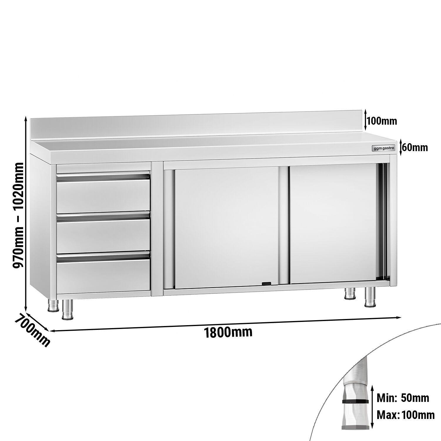 Table armoire en acier inoxydable PREMIUM - 1800x700mm - avec portes coulissantes et 3 tiroirs à gauche - avec étagère basse - avec dosseret