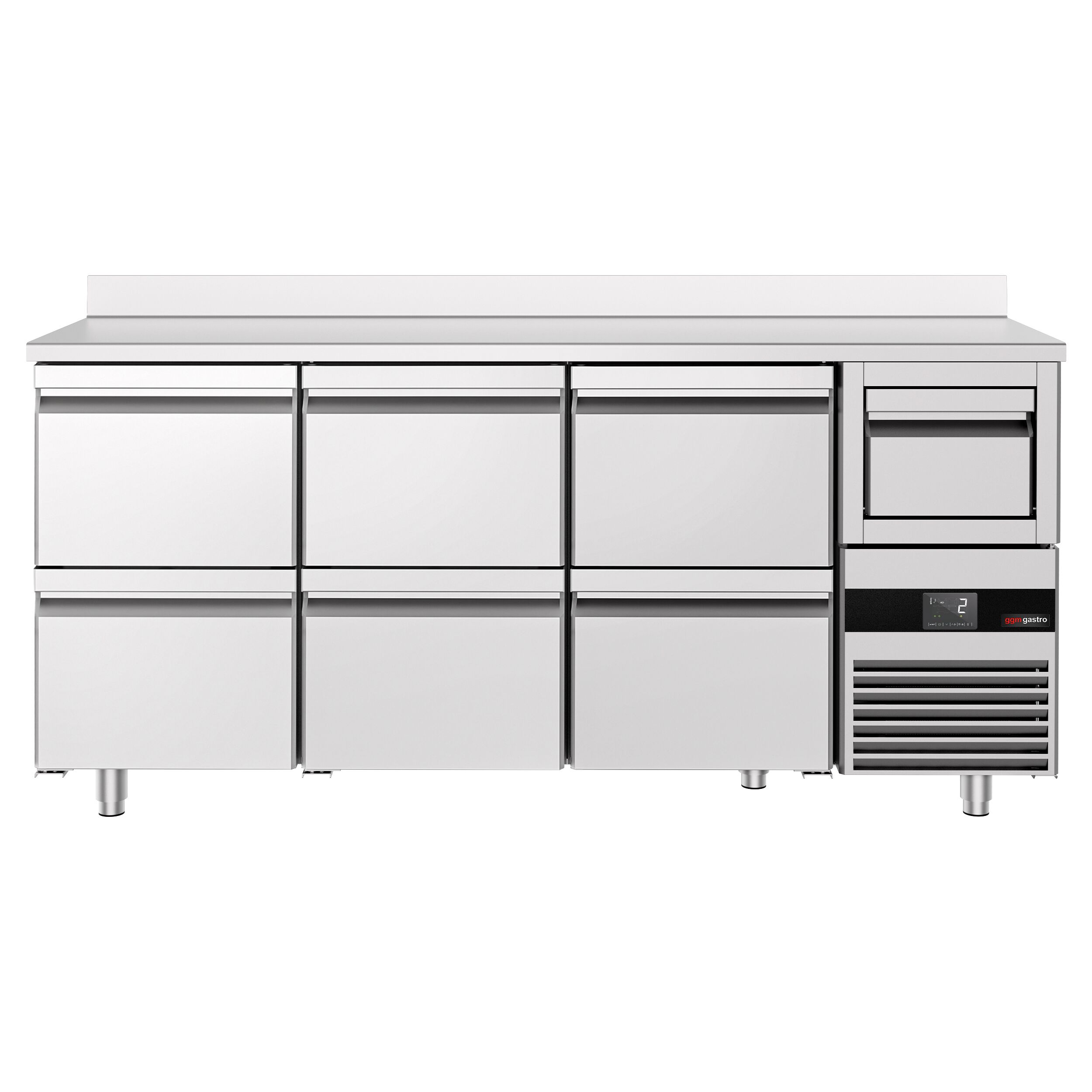 Barkylbänk PREMIUM - 2135x600 mm - 570 liter - 6 lådor GN 1/2, stänkkant & utklopp för kaffe