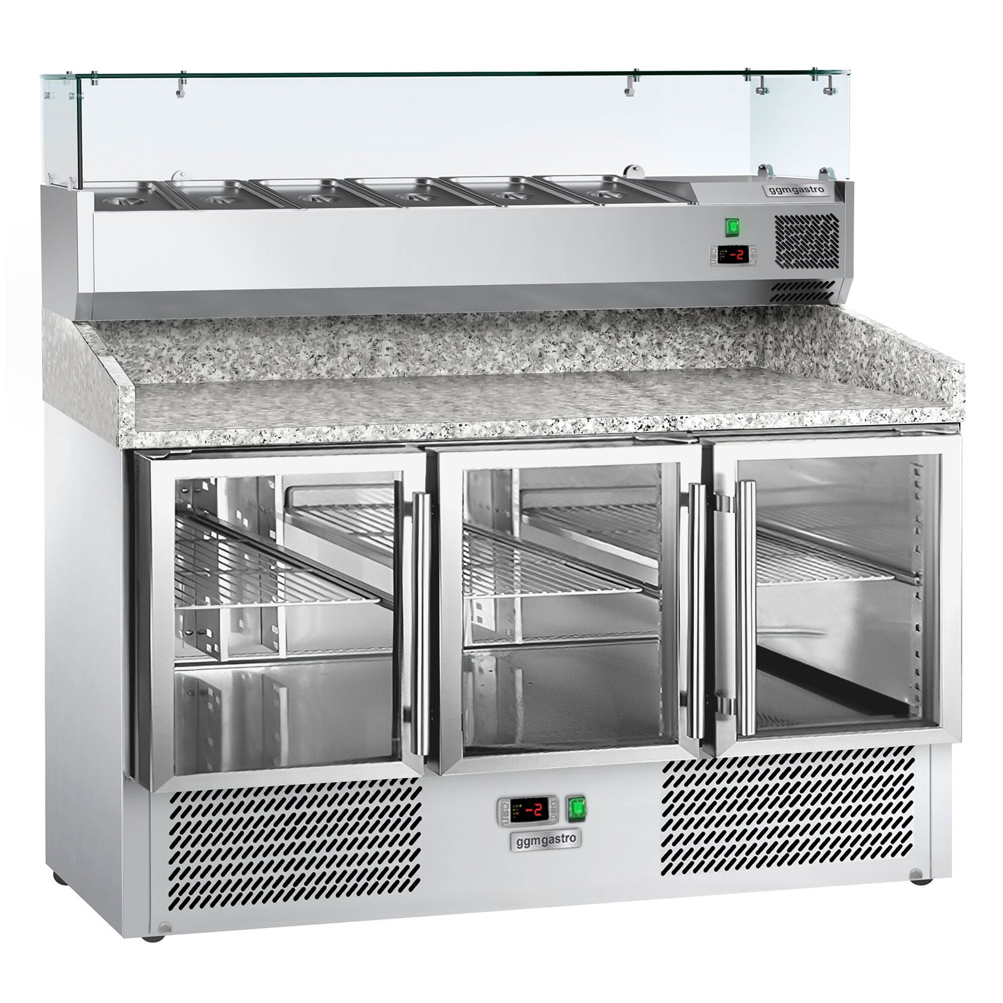 Banco pizza refrigerato ECO - 1400x700mm - con 3 porte in vetro - piano in granito - con vetrina ingredienti refrigerata superiore - 6x GN 1/4