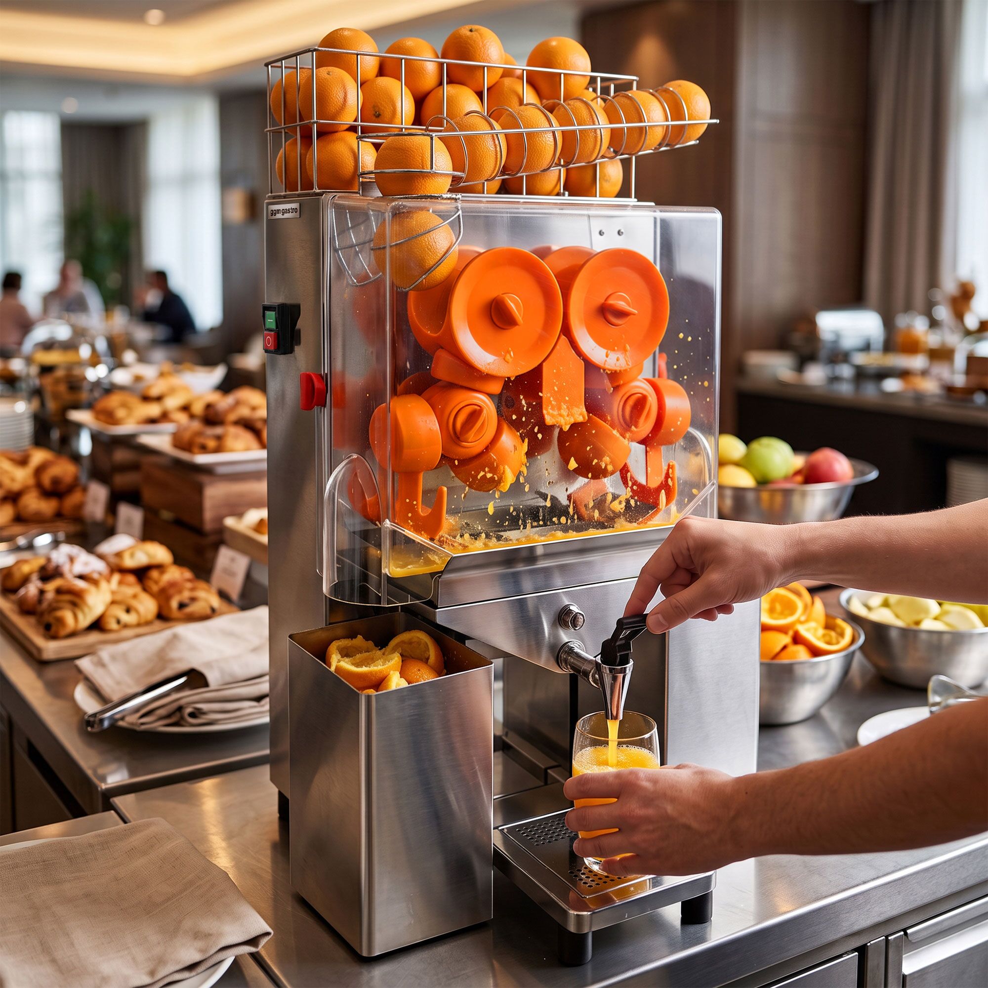 Electric orange juicer – with manual fruit feed and drain tap