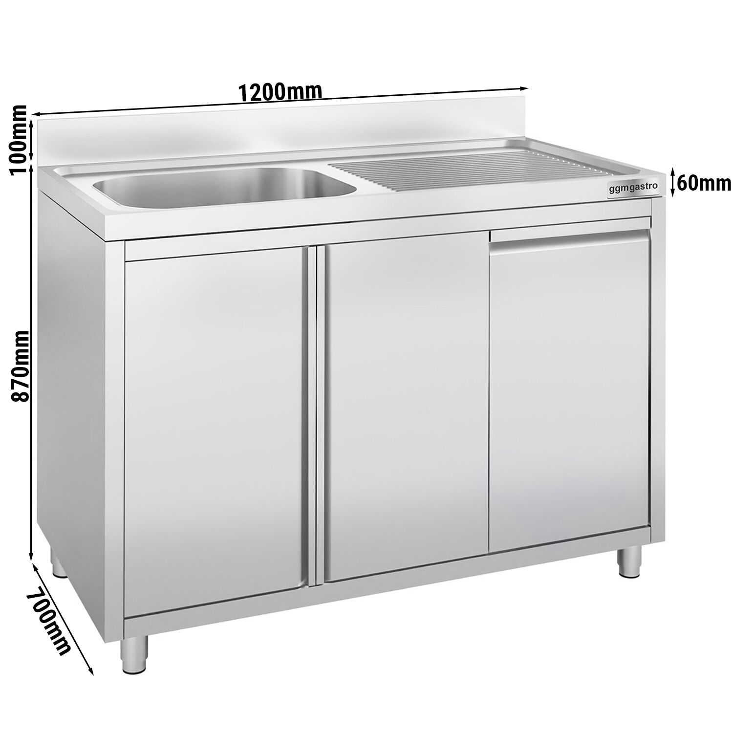 Commercial Sink Cabinet - Stainless Steel - 1200x700 -   Waste Bin - 1 Bowl Left