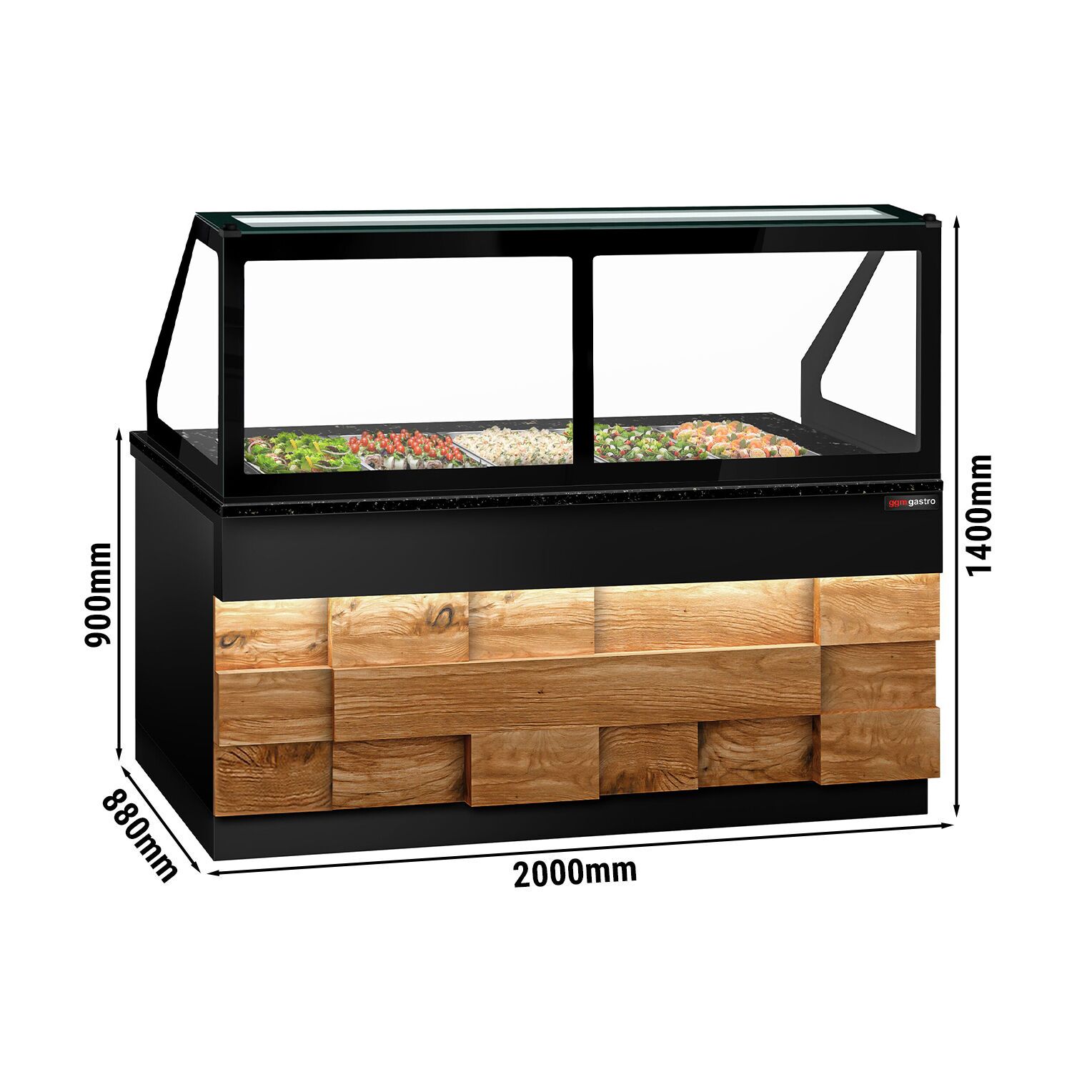 Saladette réfrigérée - 2000mm - façade décor bois bois naturel - 3 portes - avec vitrine de comptoir pour 5x GN 1/1 & 1 étagère - plan de travail en granit noir
