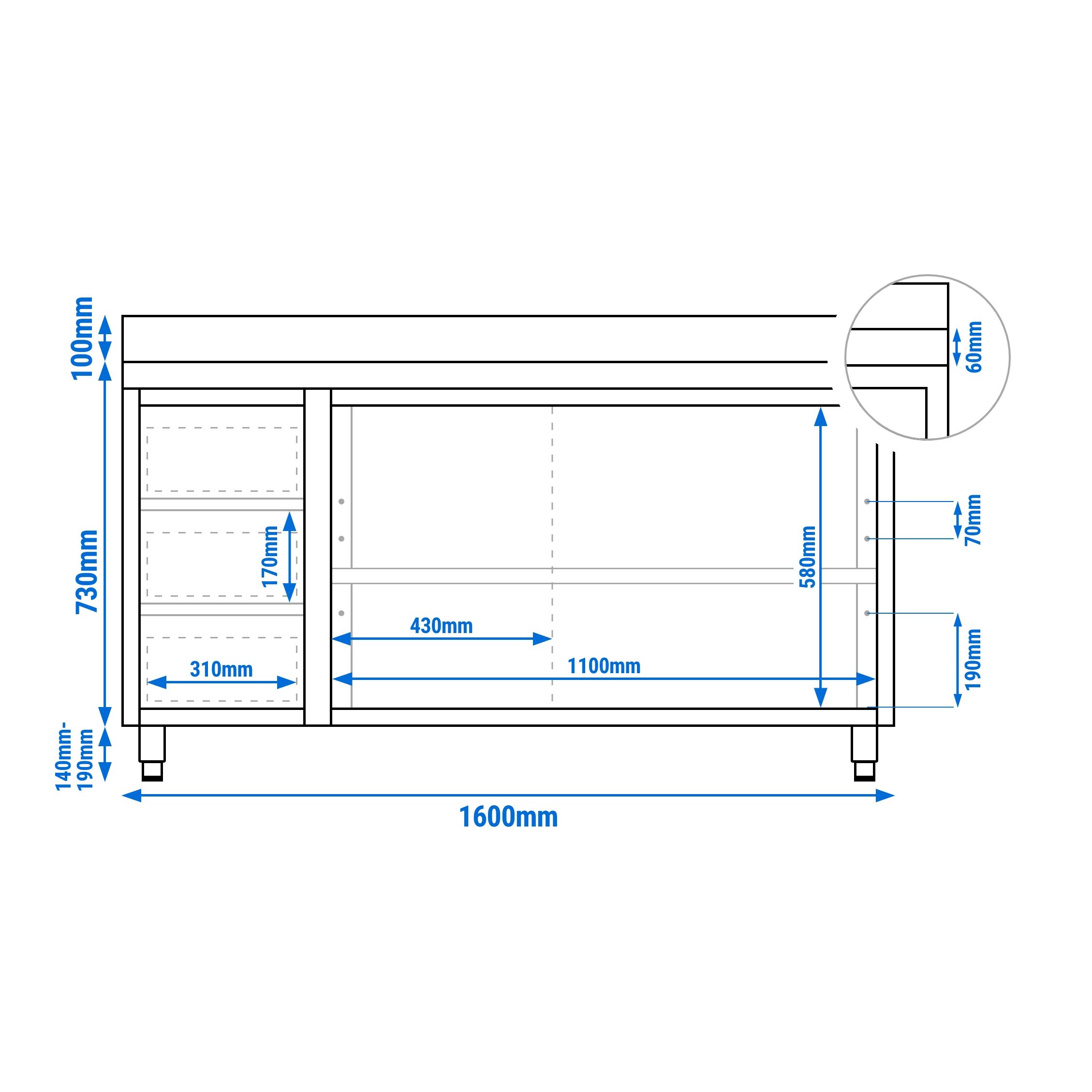 Table armoire en acier inoxydable PREMIUM - 1600x700mm - avec 3 tiroirs à gauche et portes coulissantes - avec dosseret