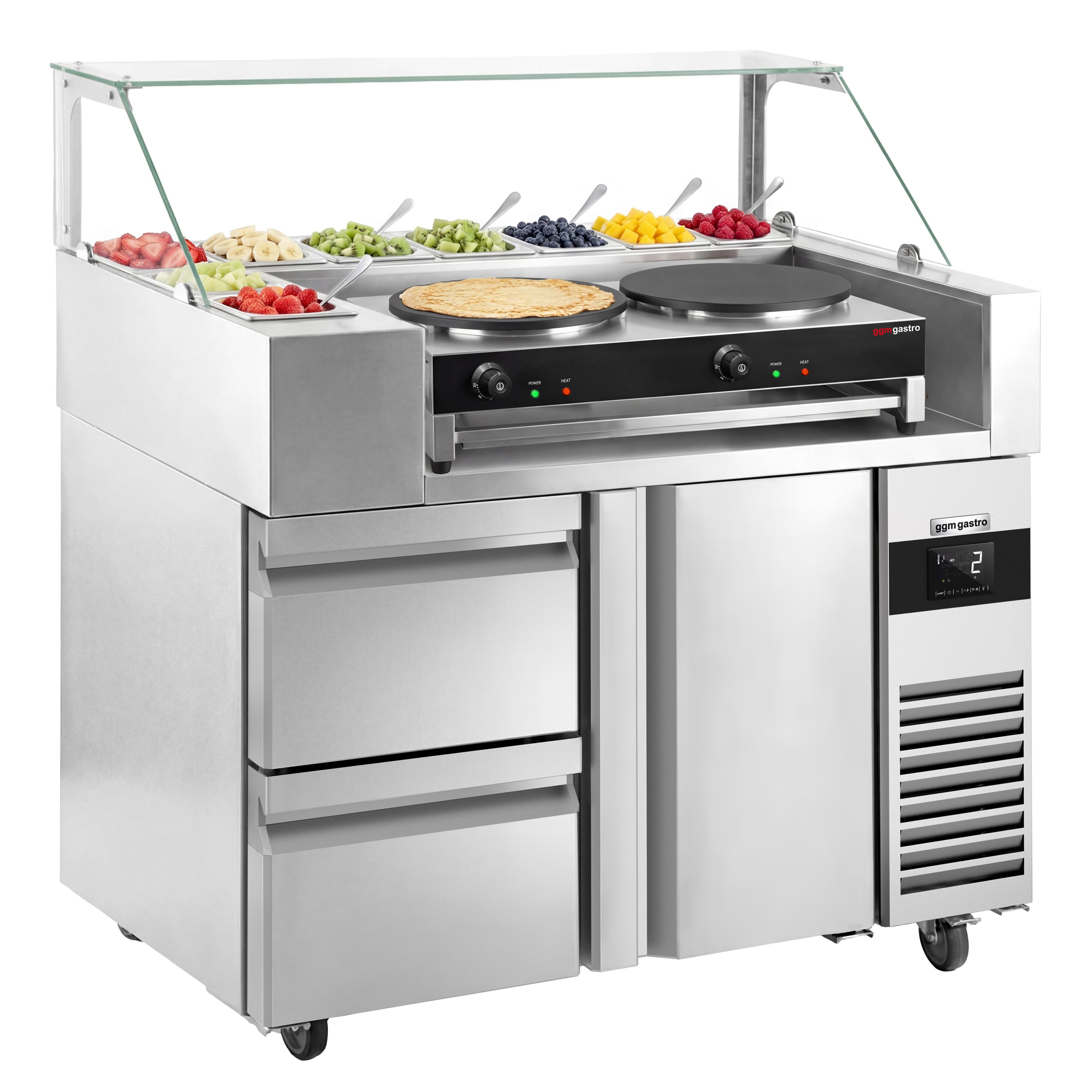 Table de préparation – 1210 mm – 1 porte & 2 tiroirs – pour 9 bacs GN 1/6 – incl. appareil à crêpes avec 2 plaques