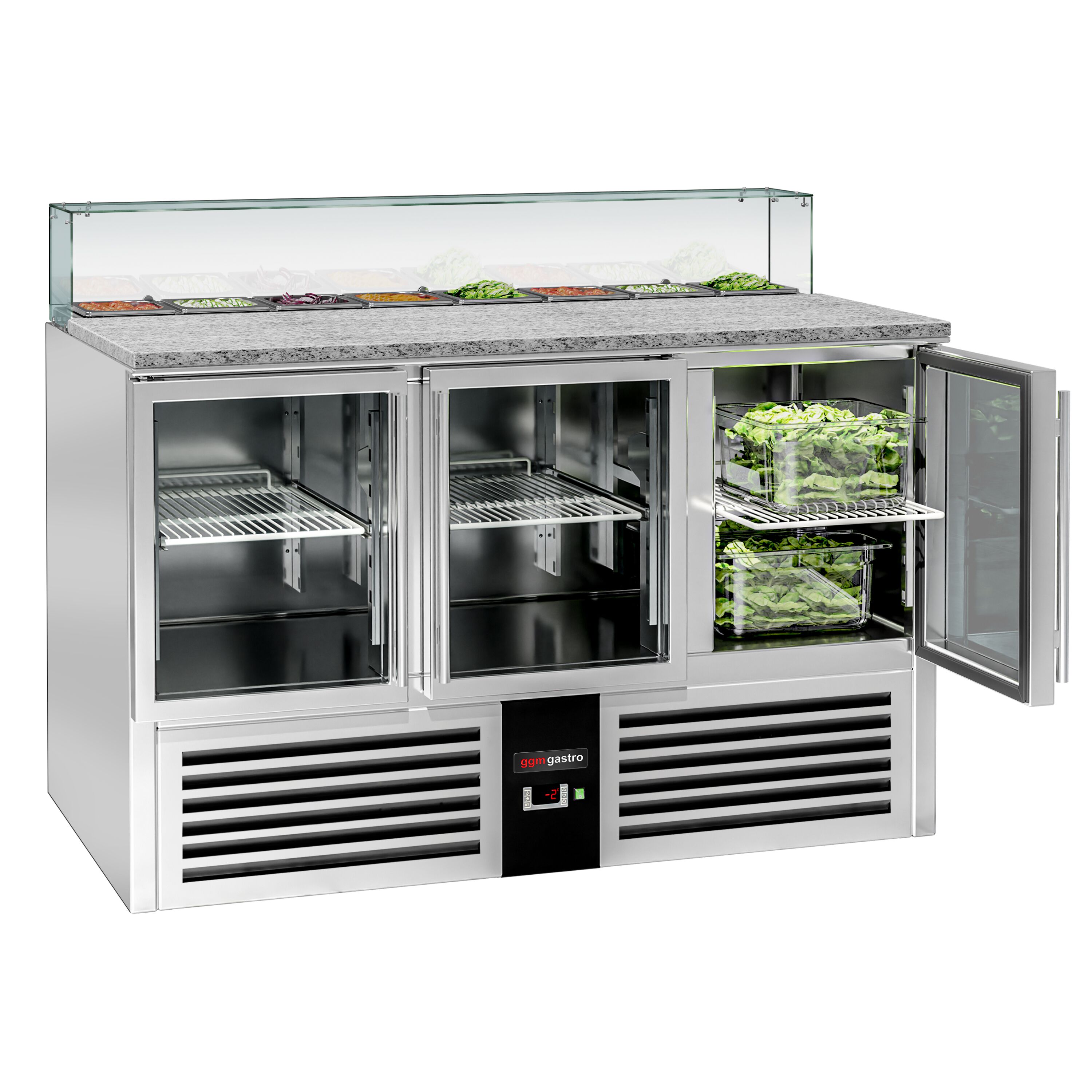 Saladette réfrigérée PREMIUM - 1368mm - 368L - 3 portes vitrées - avec vitrine de comptoir pour 8x GN 1/6