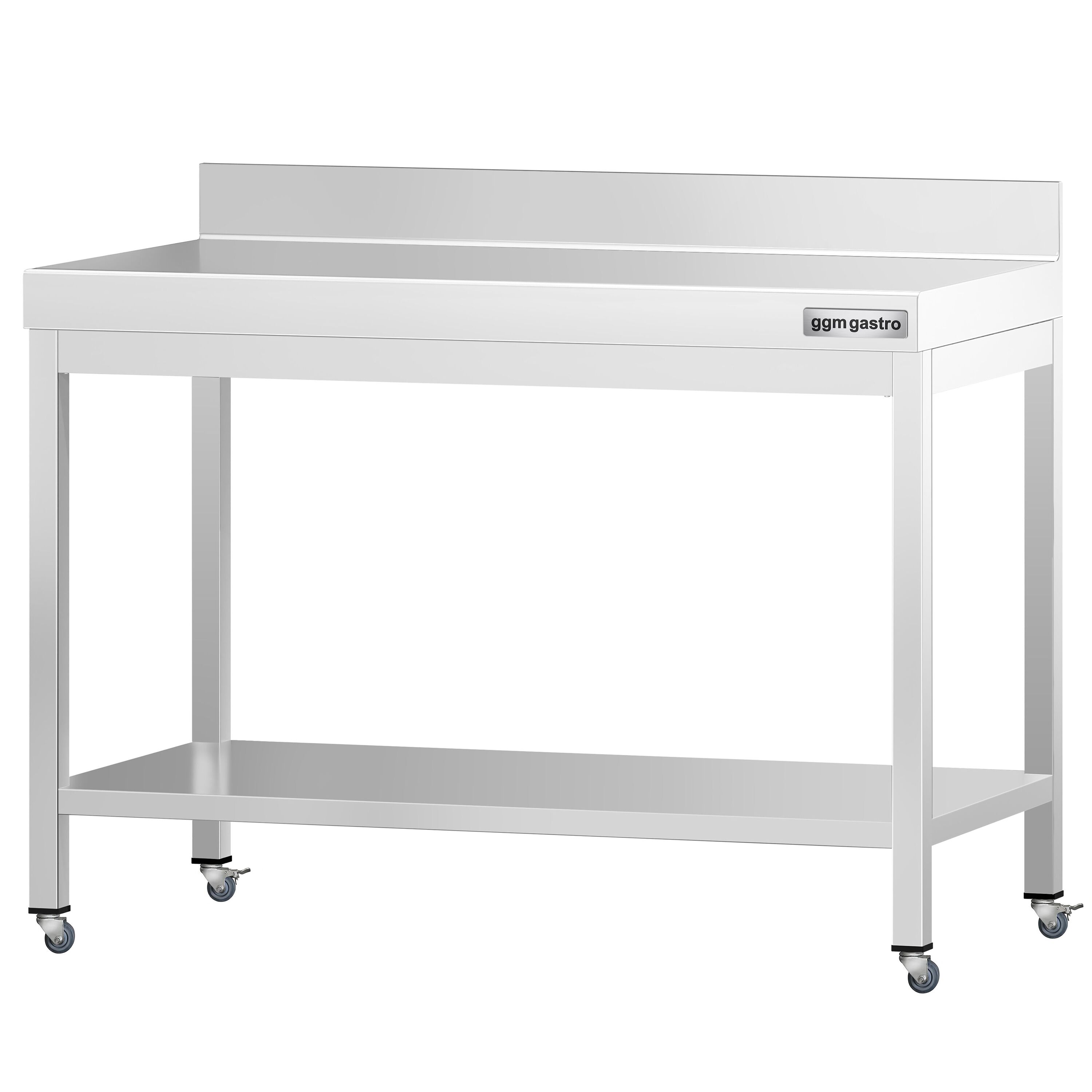 Table de travail en inox PREMIUM - 1000 x 600 mm - avec tablette inférieure, dosseret et roulettes