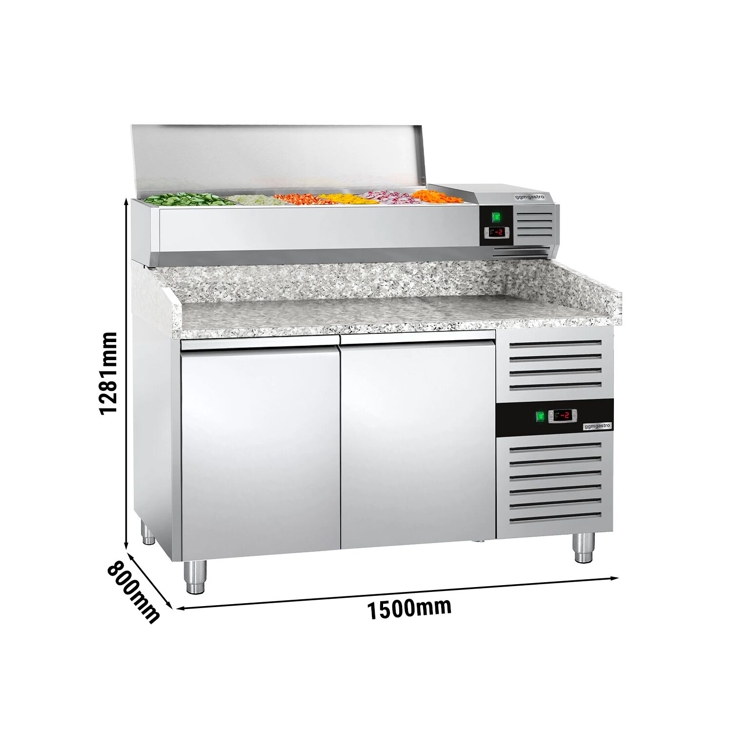 Table réfrigérée à pizza PREMIUM - 1500 x 800 mm - avec 2 portes - incl. vitrine réfrigérée - 7 x GN 1/4