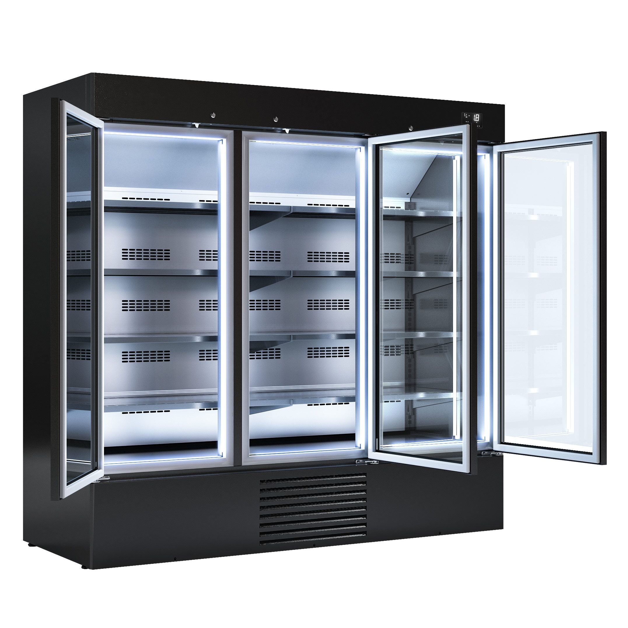 Commercial multideck display freezer - 2081mm - 2030L - with 3 hinged glass doors & 8 shelves - Black
