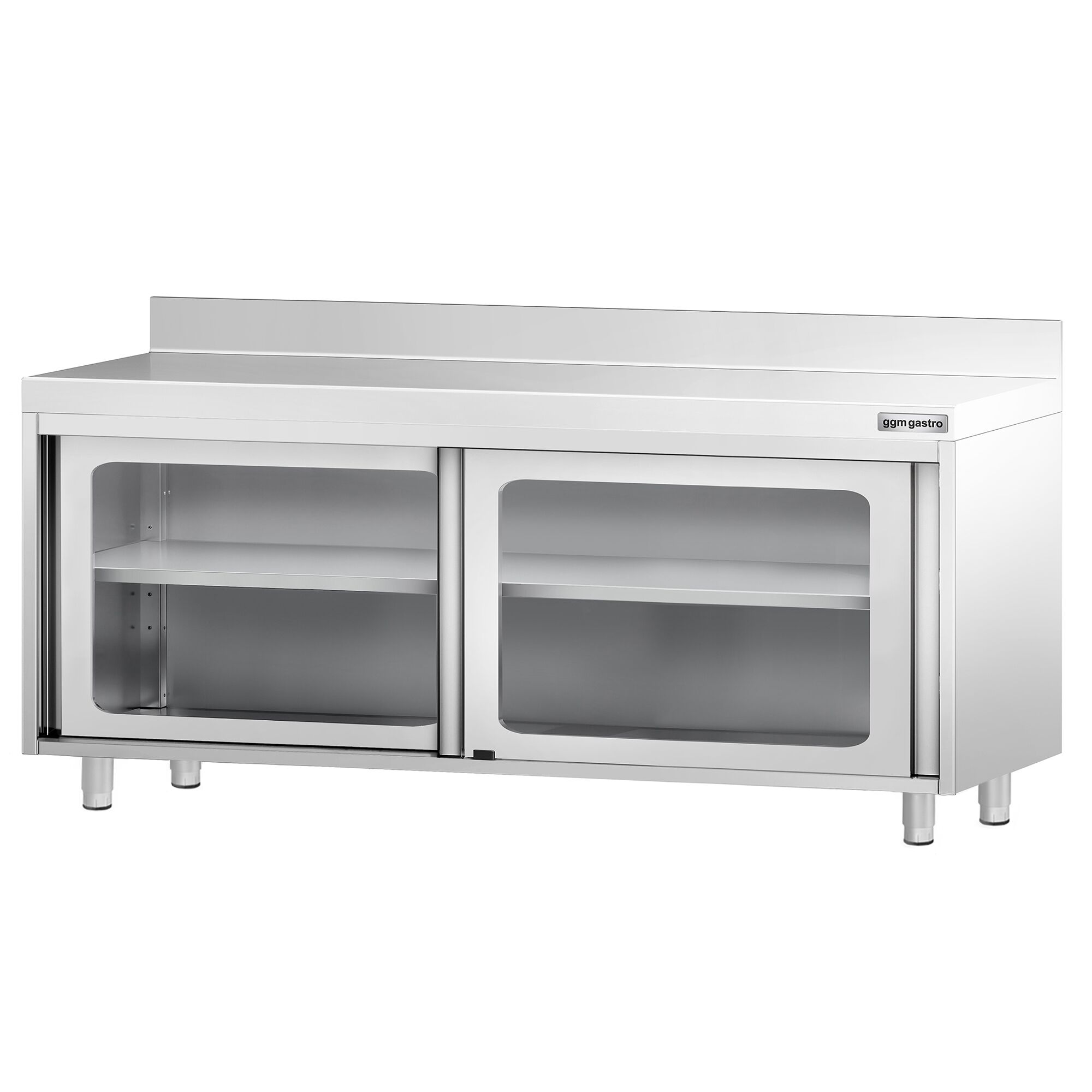 Table armoire en acier inoxydable PREMIUM - 2000x600mm - avec portes coulissantes vitrées - avec dosseret