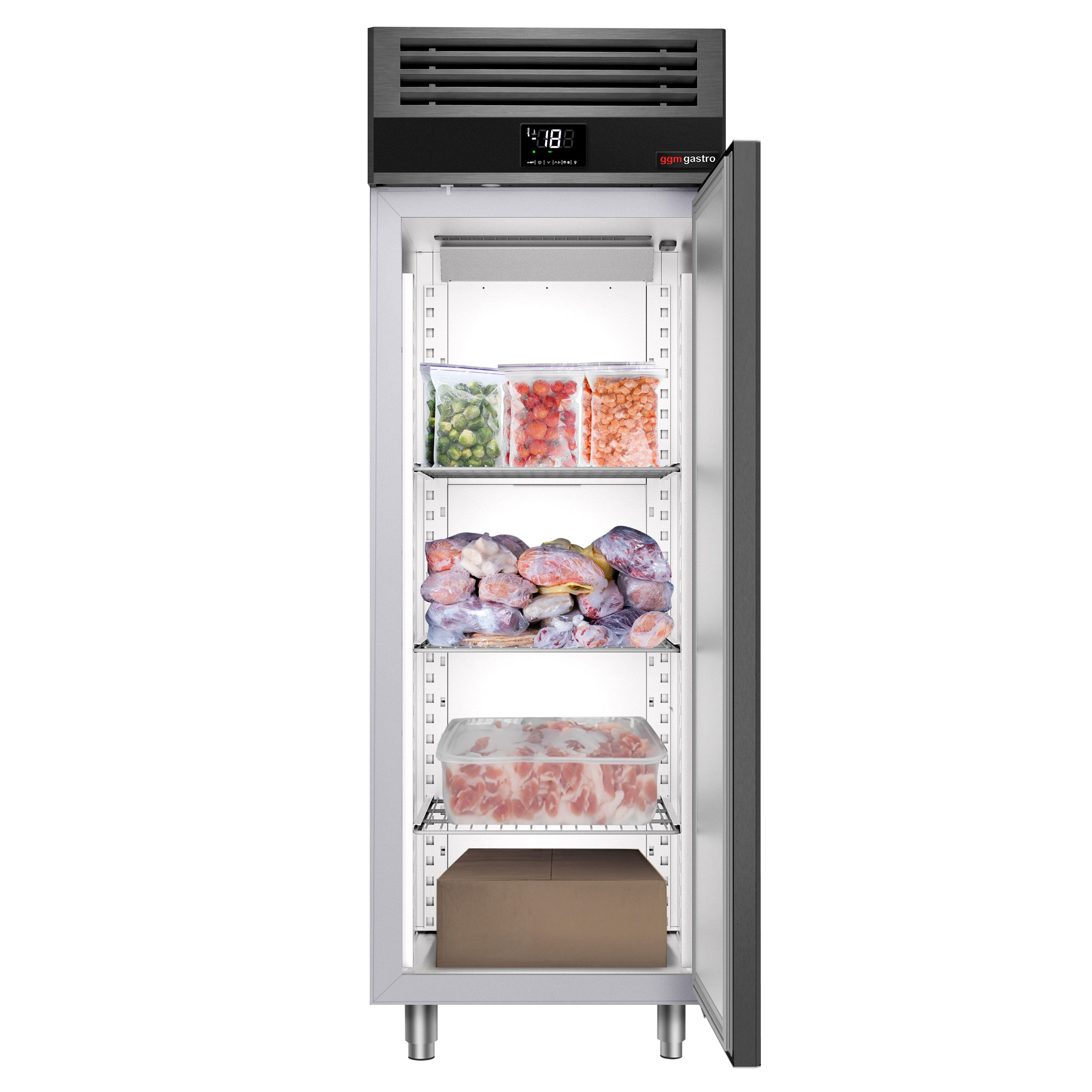 Armoire réfrigérée vitrée négative en acier inoxydable AISI 430 PREMIUM - GN 2/1 - 700 L - avec 1 porte vitrée & Glissières GN & 3 grilles GN 2/1 - Anthracite