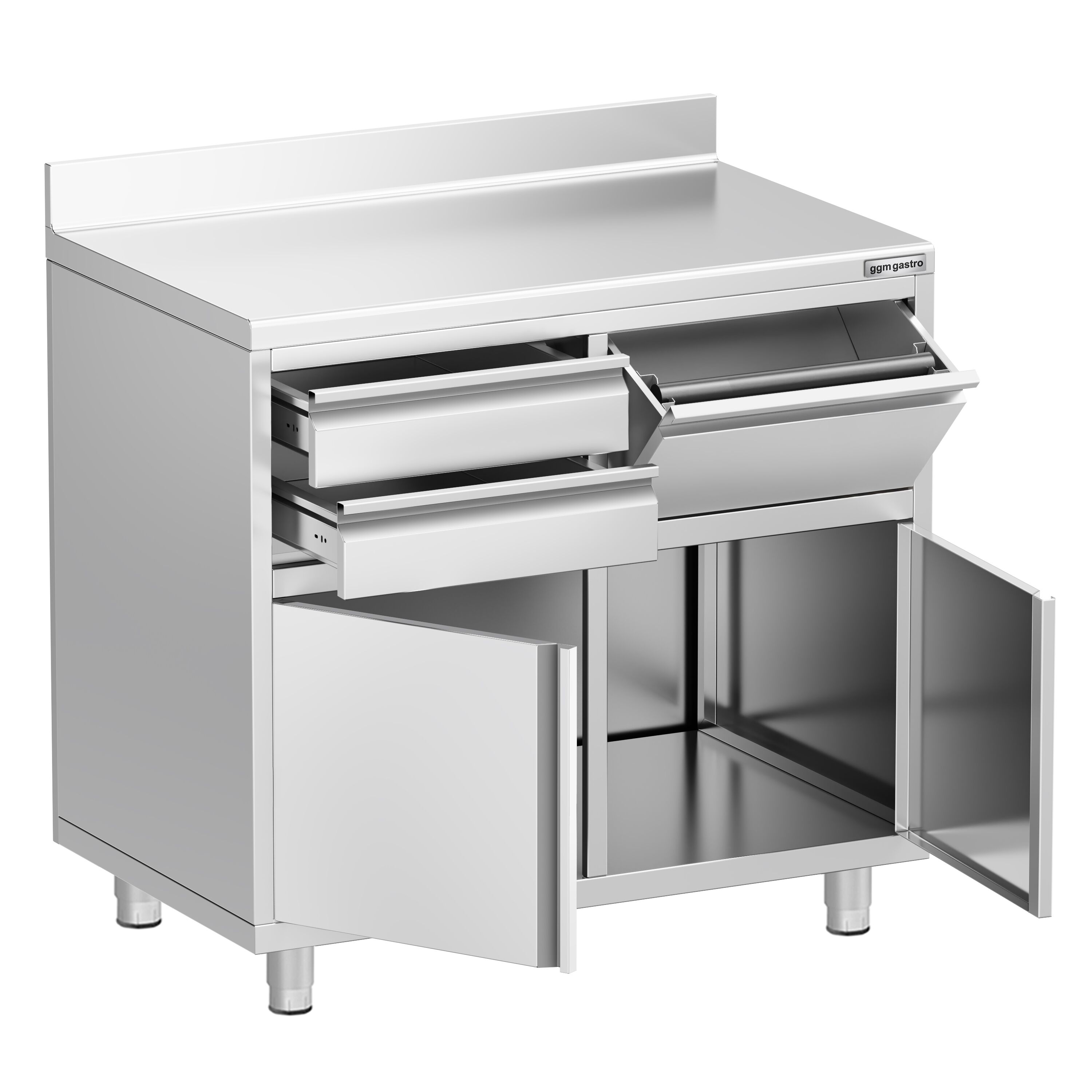 Armoire de travail PREMIUM pour machine à café filtre - 1000x600mm - avec dosseret - 2 tiroirs, 1 porte battante, 1 tiroir à marc de café