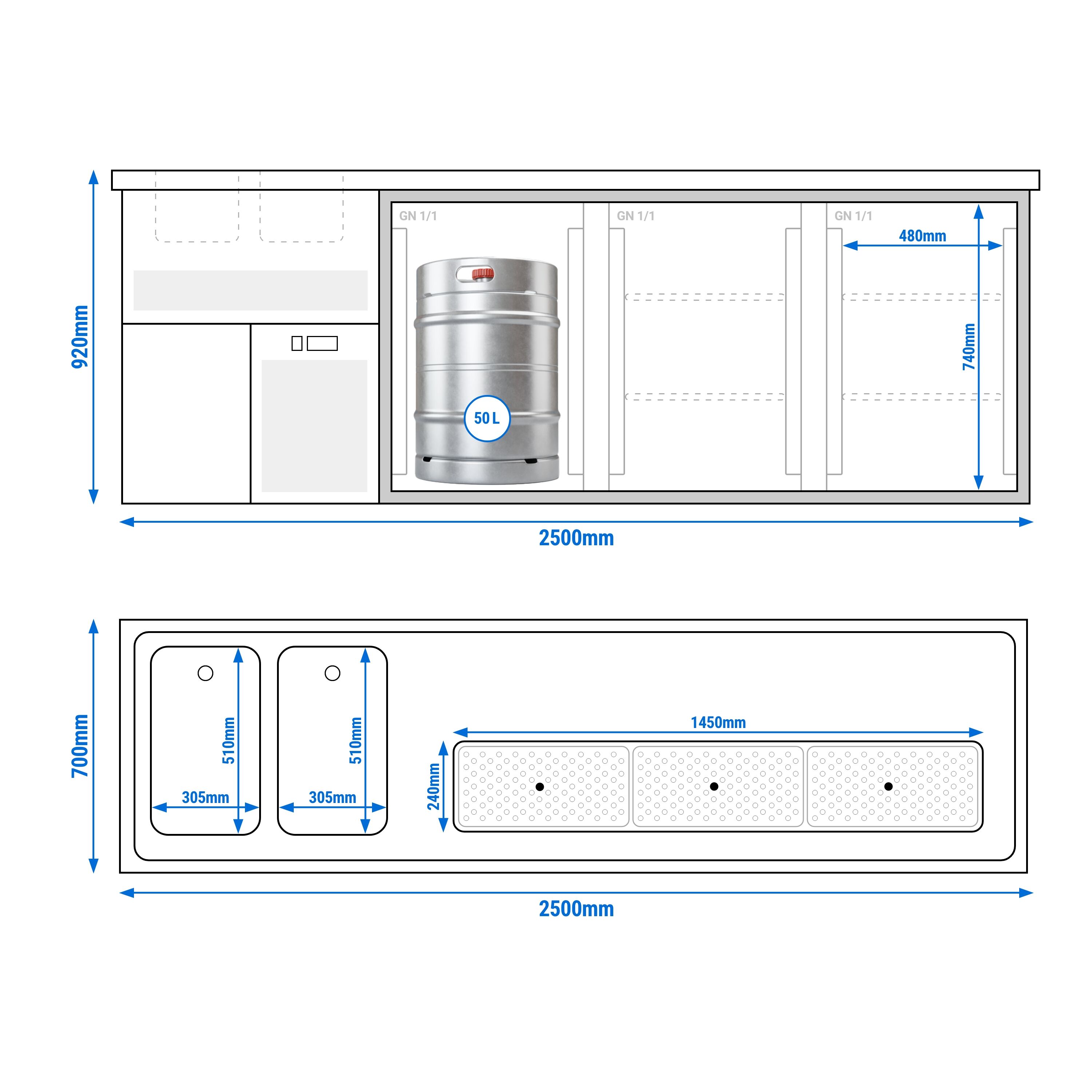 Comptoir de bar réfrigéré Premium PLUS - 2500x700mm - 3 portes