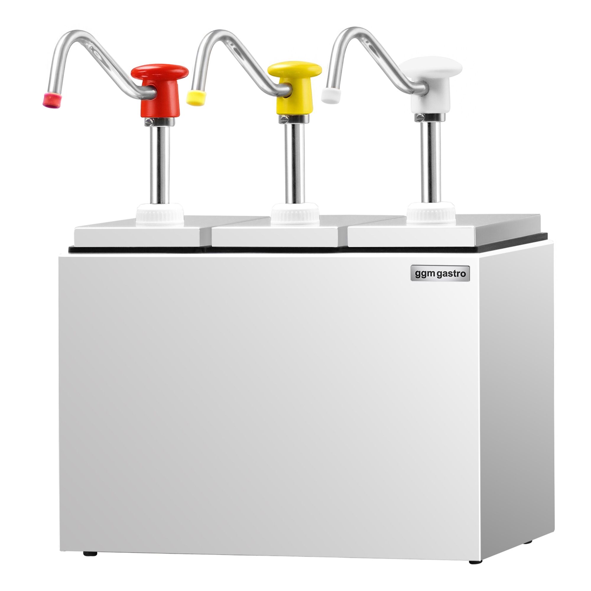 Distributeur de sauce - 3 pièces - 3x 2,5L - à poussoir - dosage réglable - bec anti-goutte - avec cuve - incl. support inox