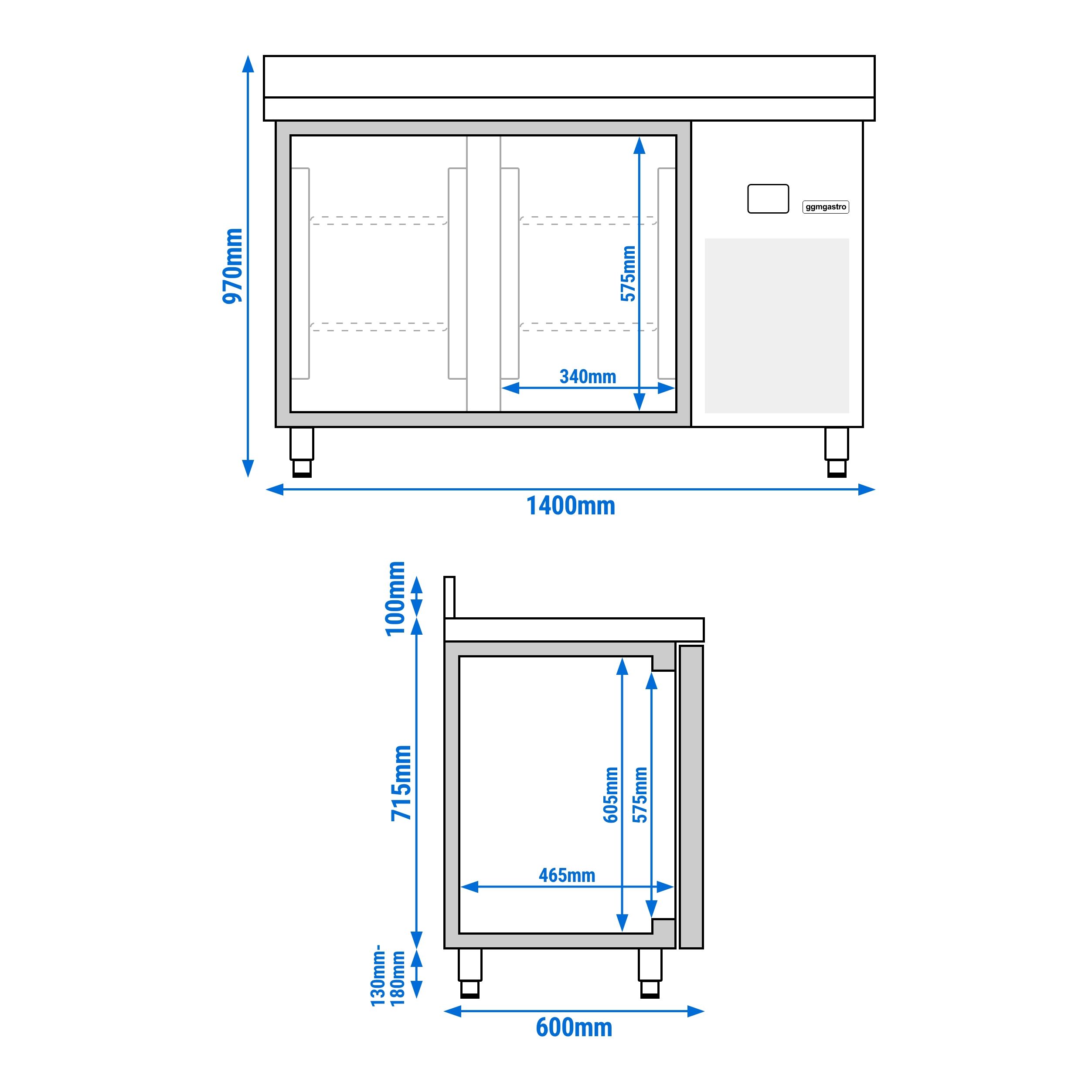 Table réfrigérée PREMIUM - 1400x600 mm - avec 2 portes - avec dosseret