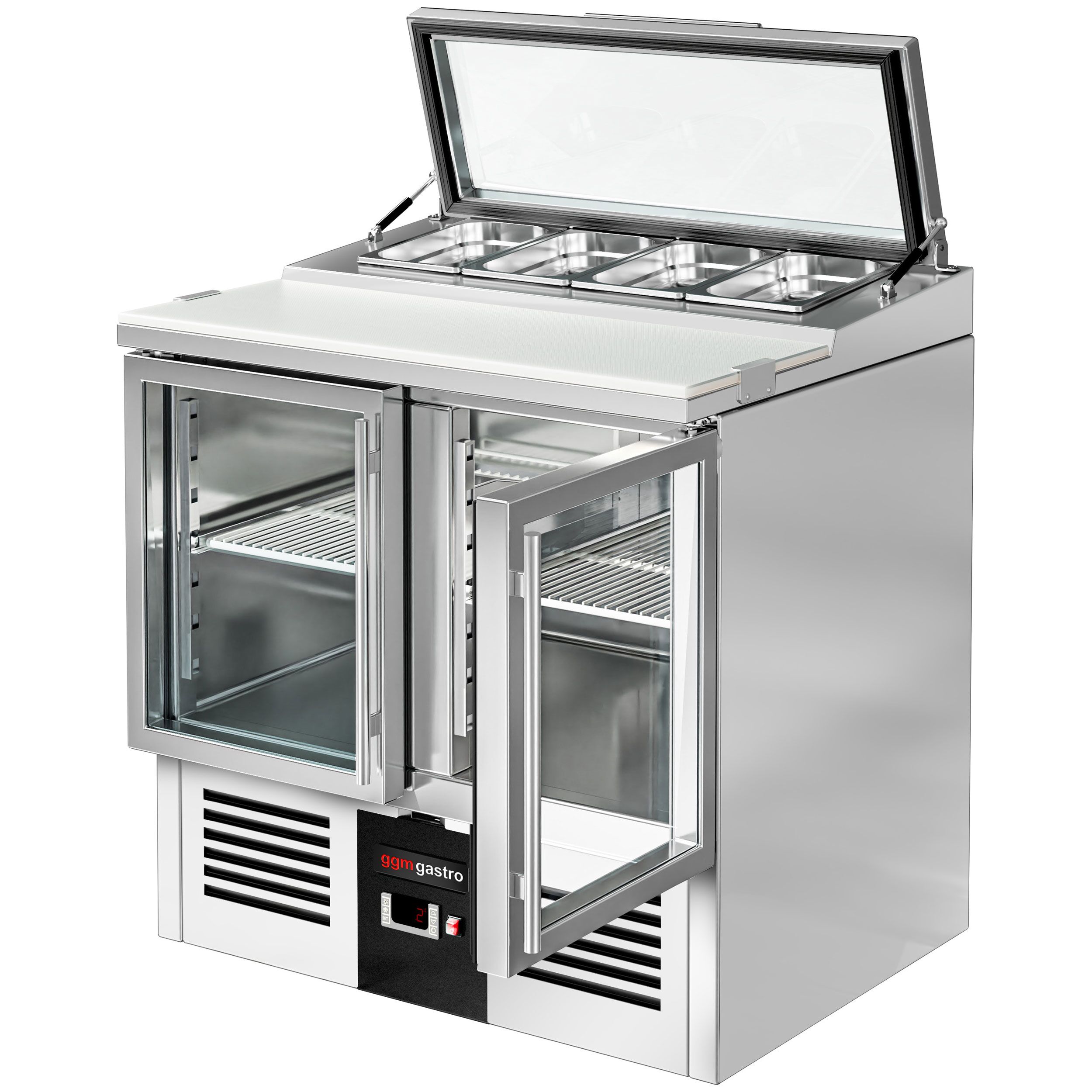 Saladette réfrigérée PREMIUM - 900mm - 159L - 2 portes vitrées - avec découpe pour 4x GN 1/3 & Couvercle verre