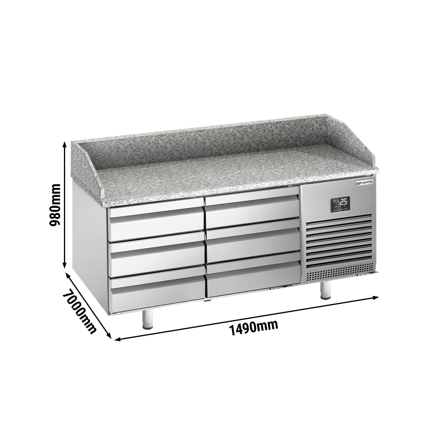 Commercial Pizza Prep Counter - Granite Top PREMIUM PLUS - 1980x700mm - with 0 doors & 6 dough drawers
