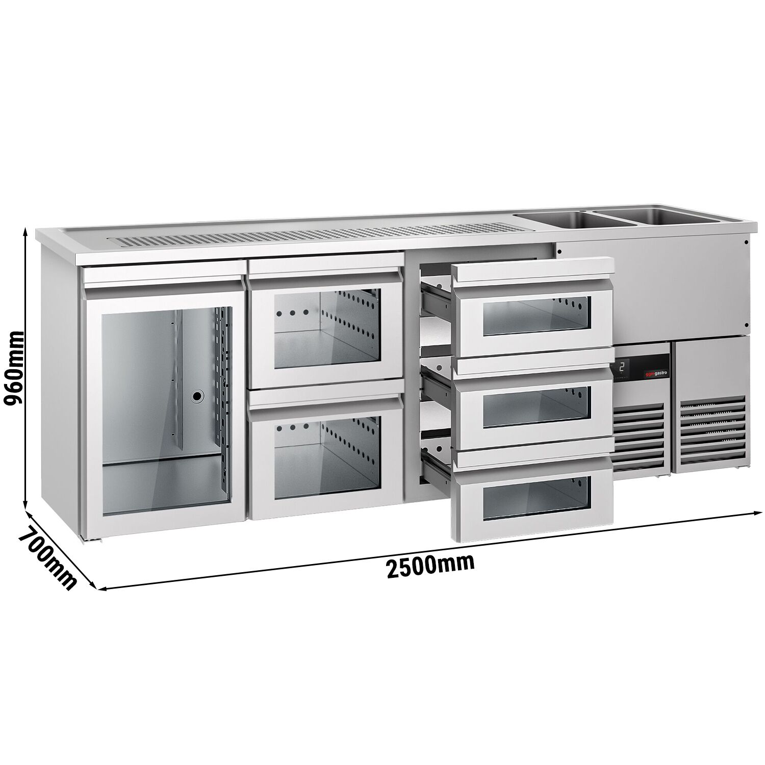 Comptoir de bar réfrigéré PREMIUM - 2500x700mm - 1 porte vitrée & 5 tiroirs en verre