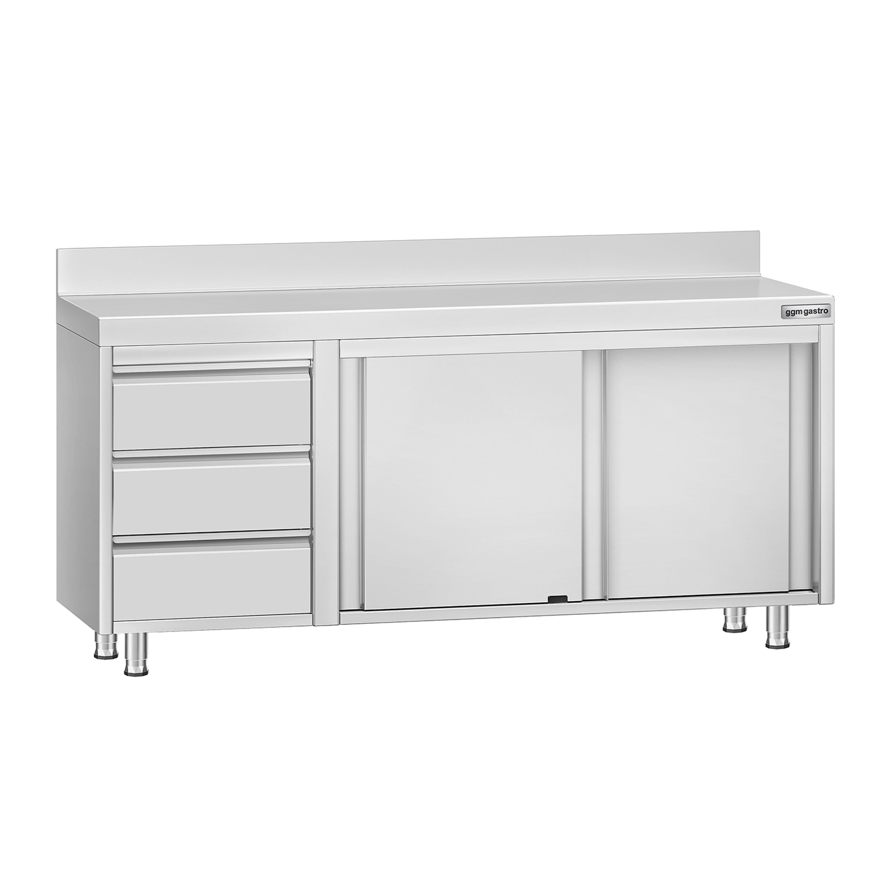 Table armoire en acier inoxydable ECO - 1800x600mm - avec portes coulissantes et 3 tiroirs à gauche - avec dosseret