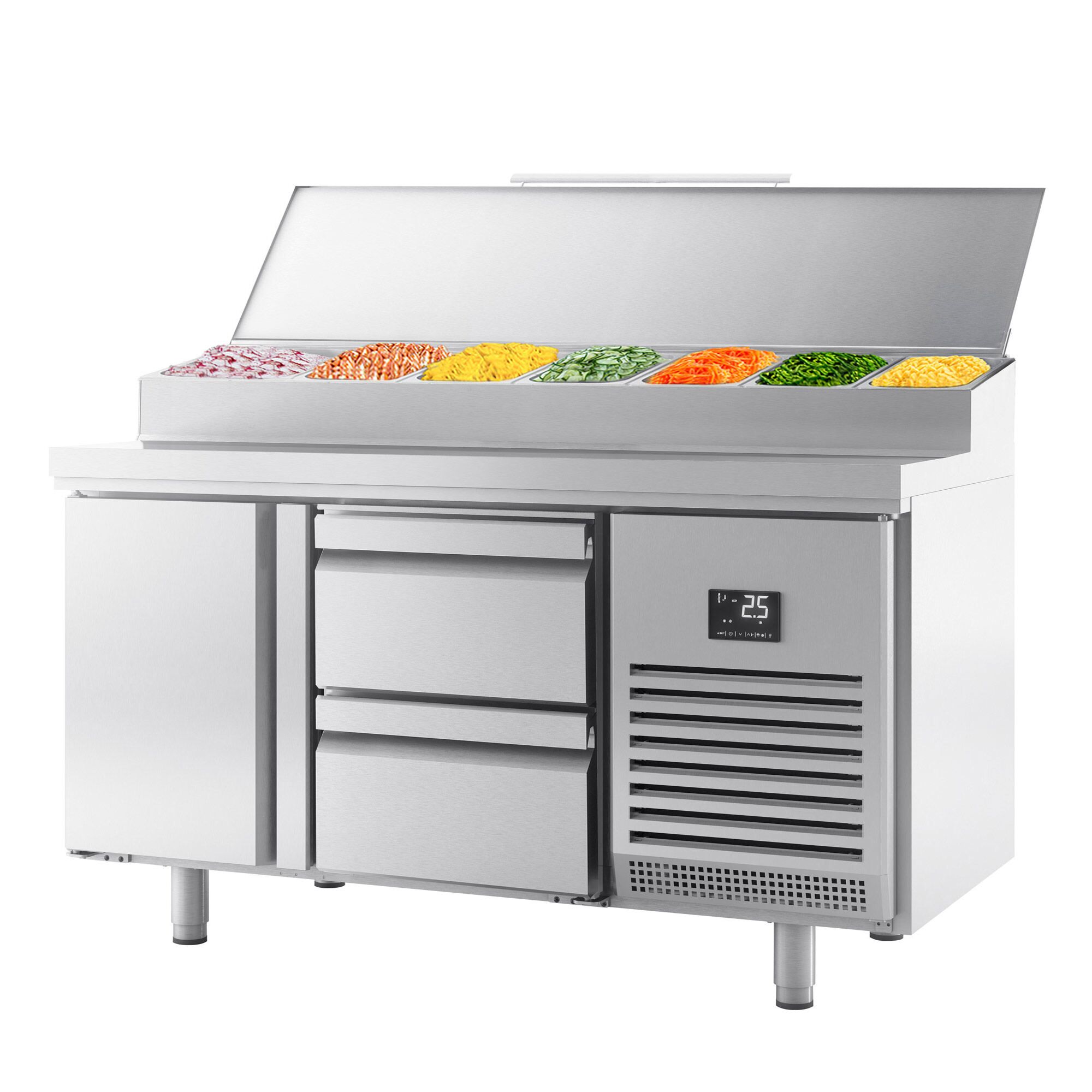 Table réfrigérée de préparation - 1468 x 700 mm - avec 1 porte et 2 tiroirs - avec superstructure en inox 1 x GN 1/2 et 6 x GN 1/3