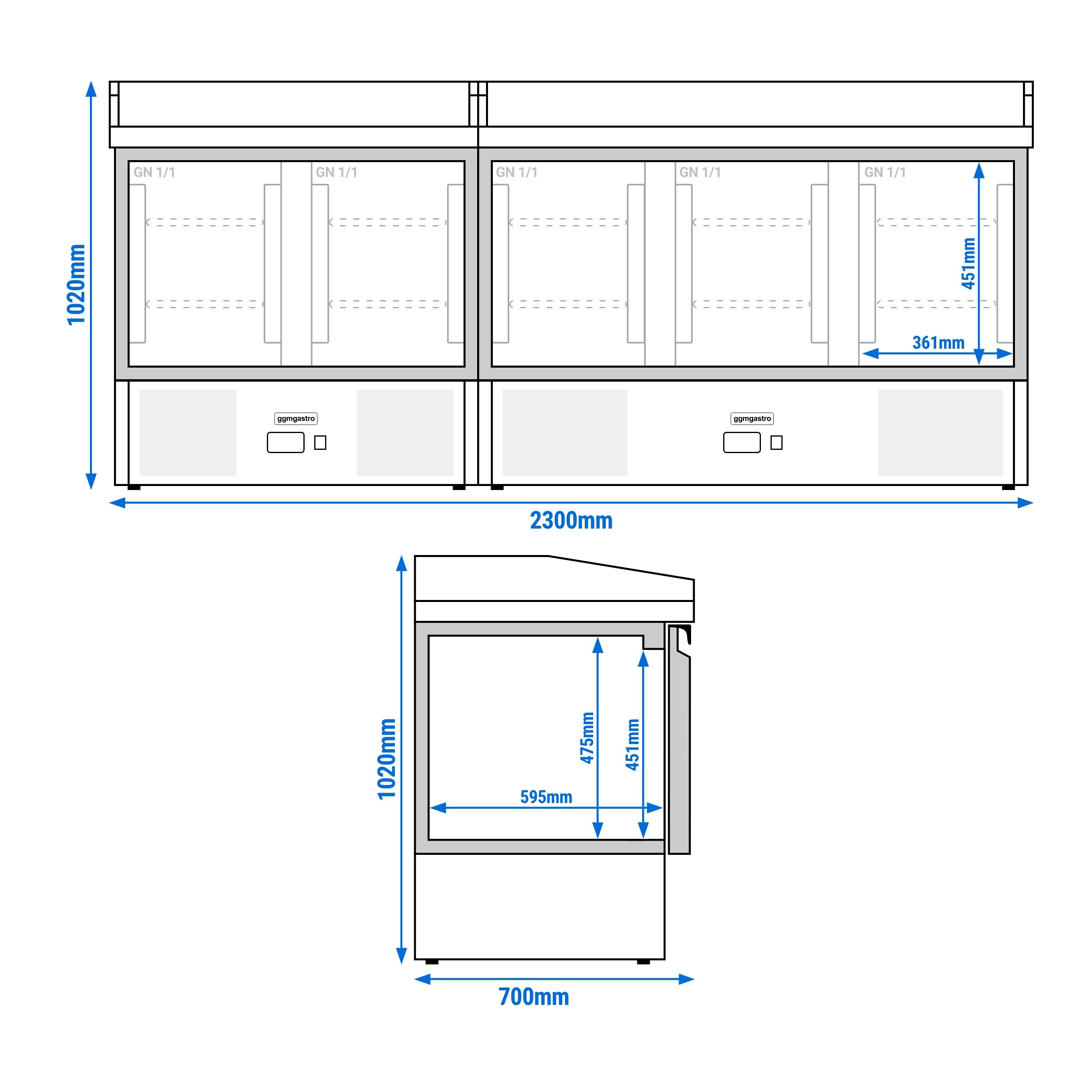 Tables réfrigérées pour pizza PREMIUM - 2300 x 700 mm - 5 portes