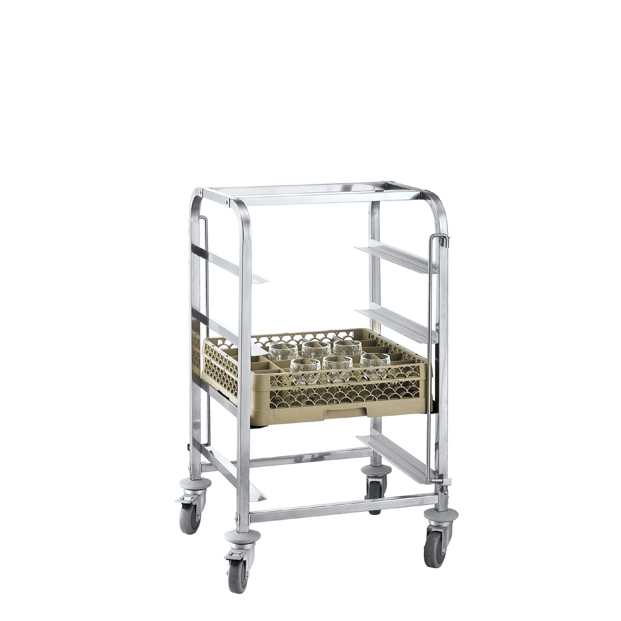 Chariot de transport pour paniers à vaisselle en acier inoxydable - 550x505mm - avec 4 surfaces de rangement en acier inoxydable - avec poignée