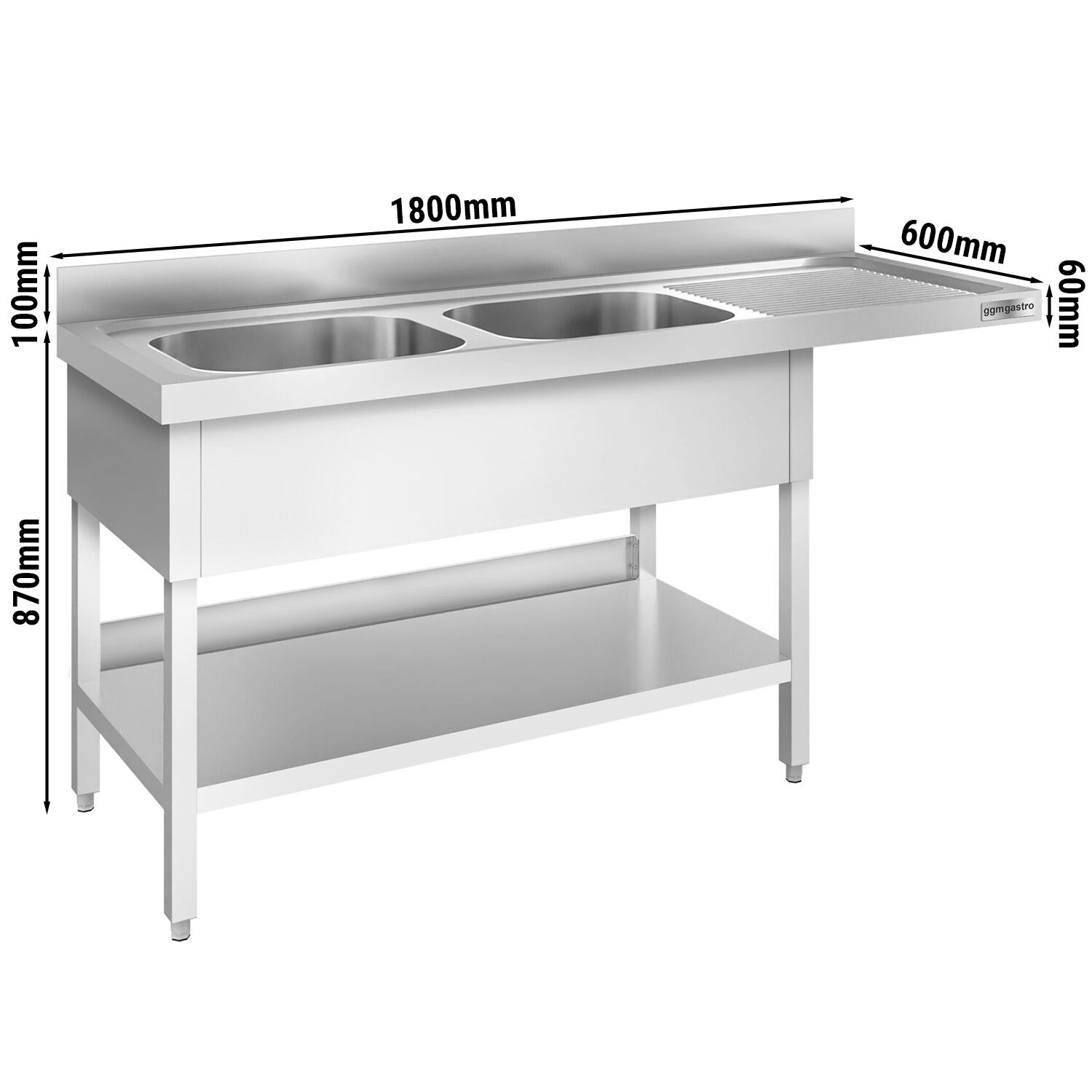 Plonge PREMIUM en acier inoxydable - 1800x600mm - 2 bacs - bac à gauche - avec espace lave-vaisselle - adossée/avec dosseret
