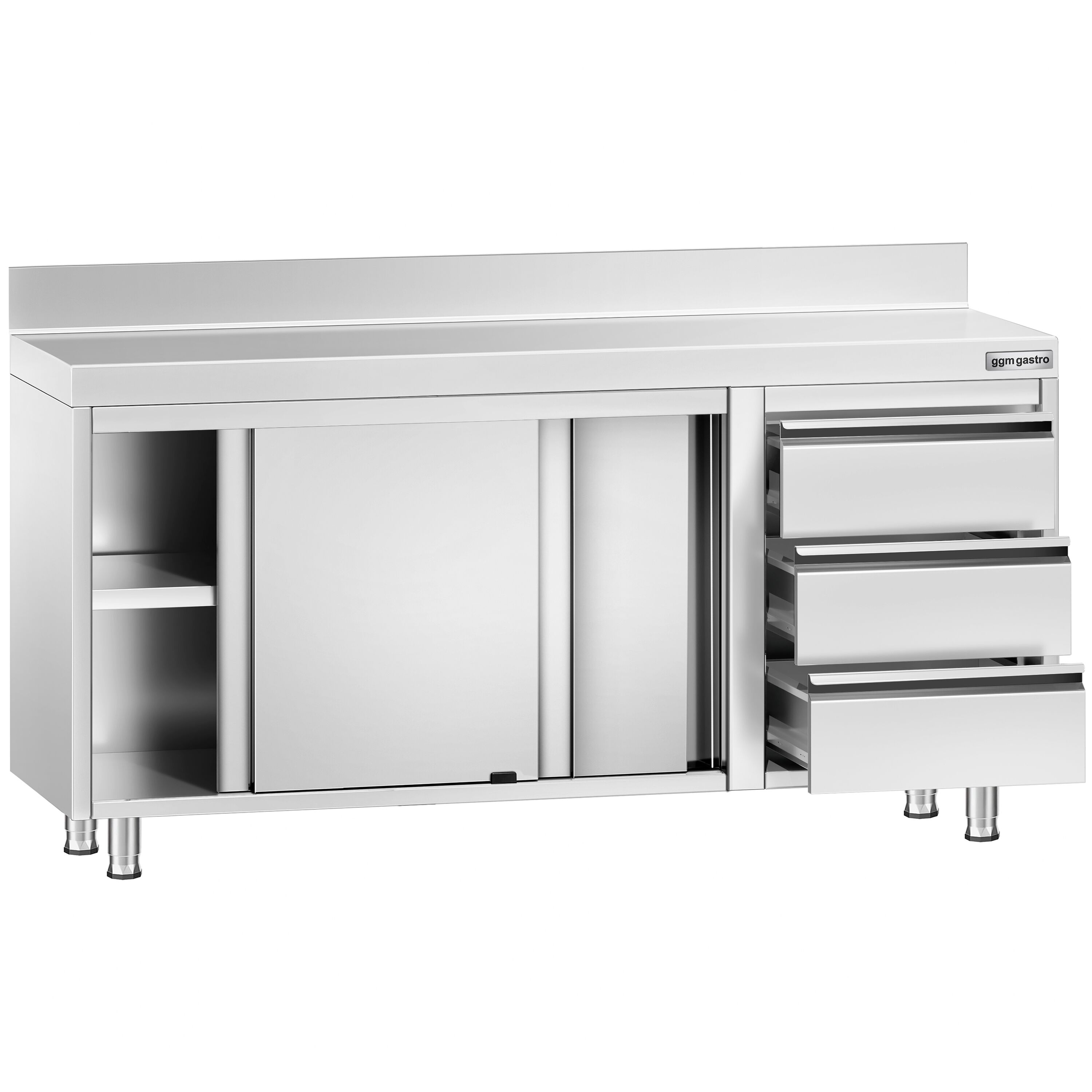 Table armoire en acier inoxydable PREMIUM - 1600x600mm - avec 3 tiroirs à droite et portes coulissantes - avec dosseret