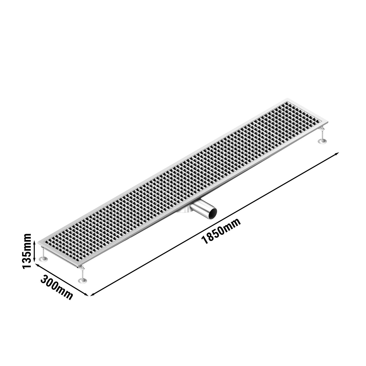 Caniveau de sol en acier inoxydable - 1850x300mm - sortie horizontale Ø70mm