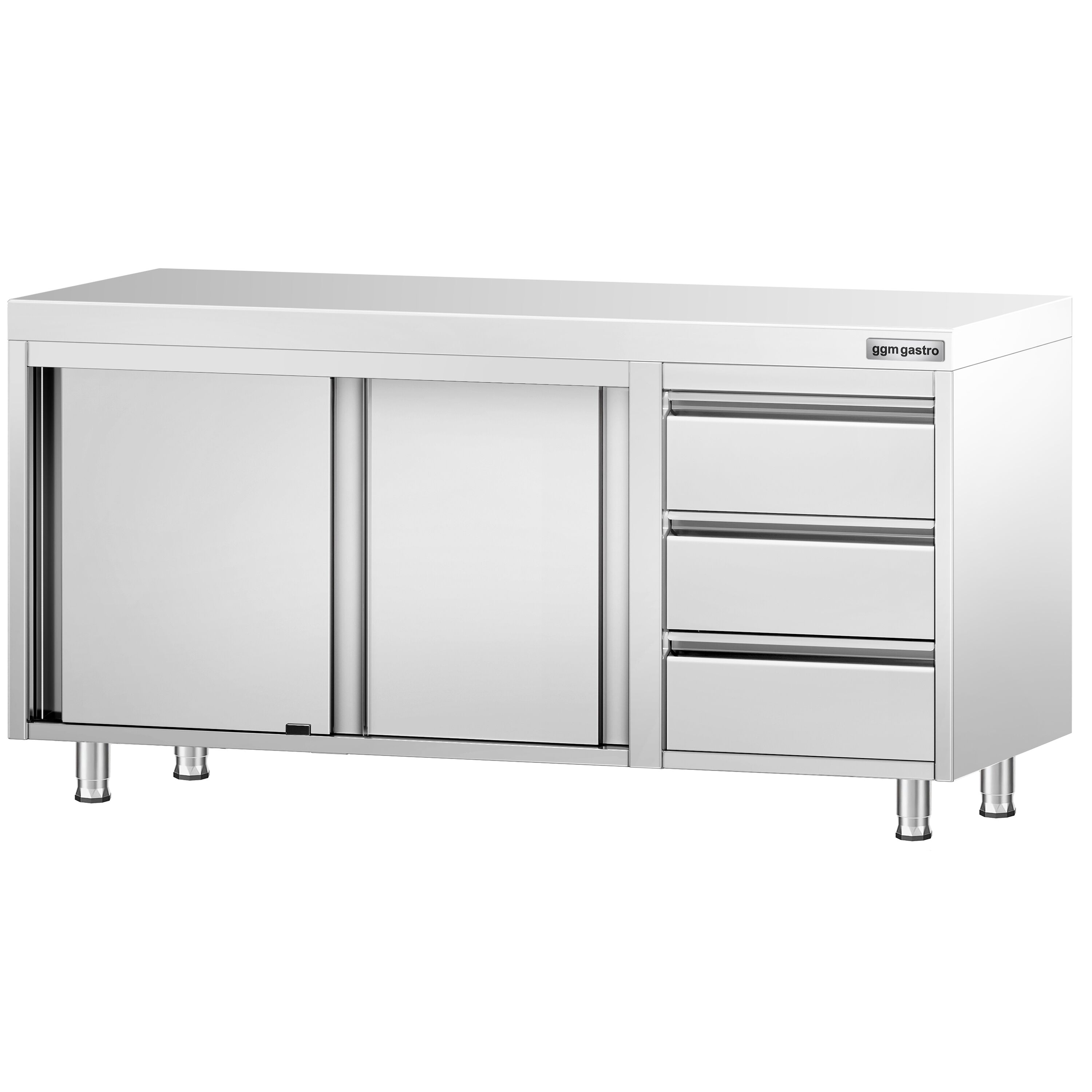 Table armoire en acier inoxydable PREMIUM - 1600x700mm - avec portes coulissantes et 3 tiroirs à droite