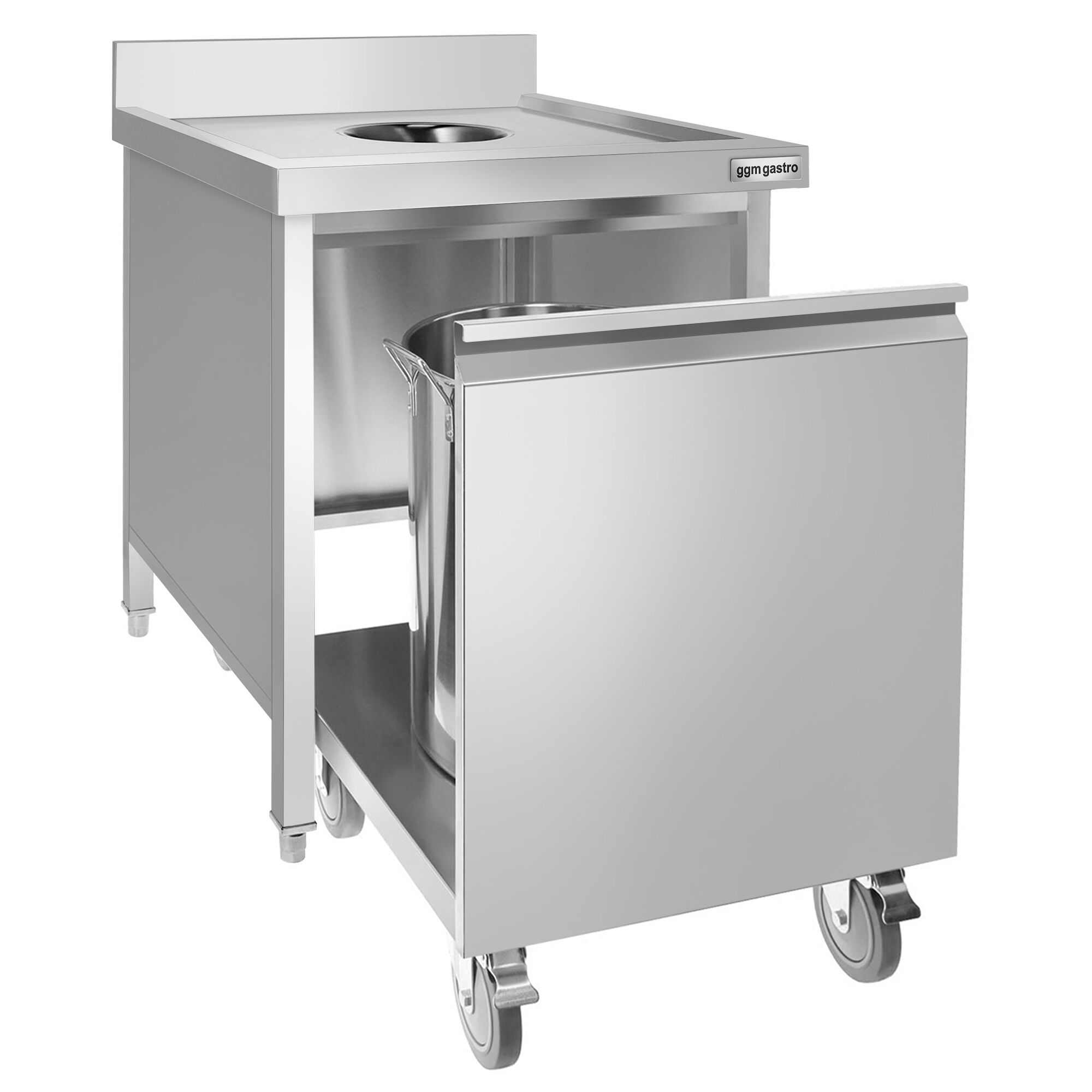 Poubelle - Carénée, avec conteneur à roulettes - 700x970x700mm - avec ouverture d’insertion, bac intérieur amovible, fermeture douce - Acier inoxydable