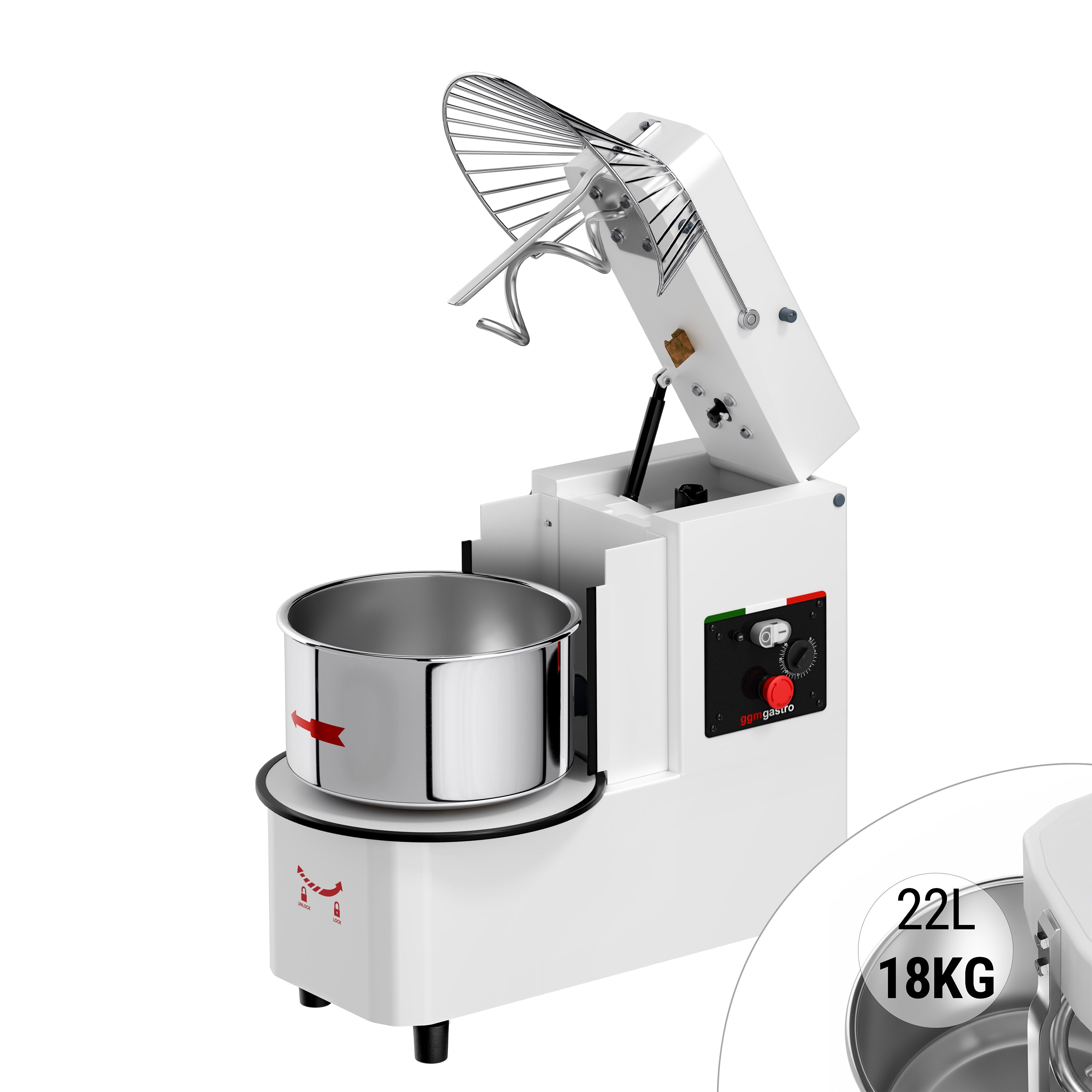 Pétrin à Pâte / Pétrin à spirale - 22 Litres / 18 kg - 1 Vitesse - Cuve Amovible & Tête Relevable - Fonction Minuterie