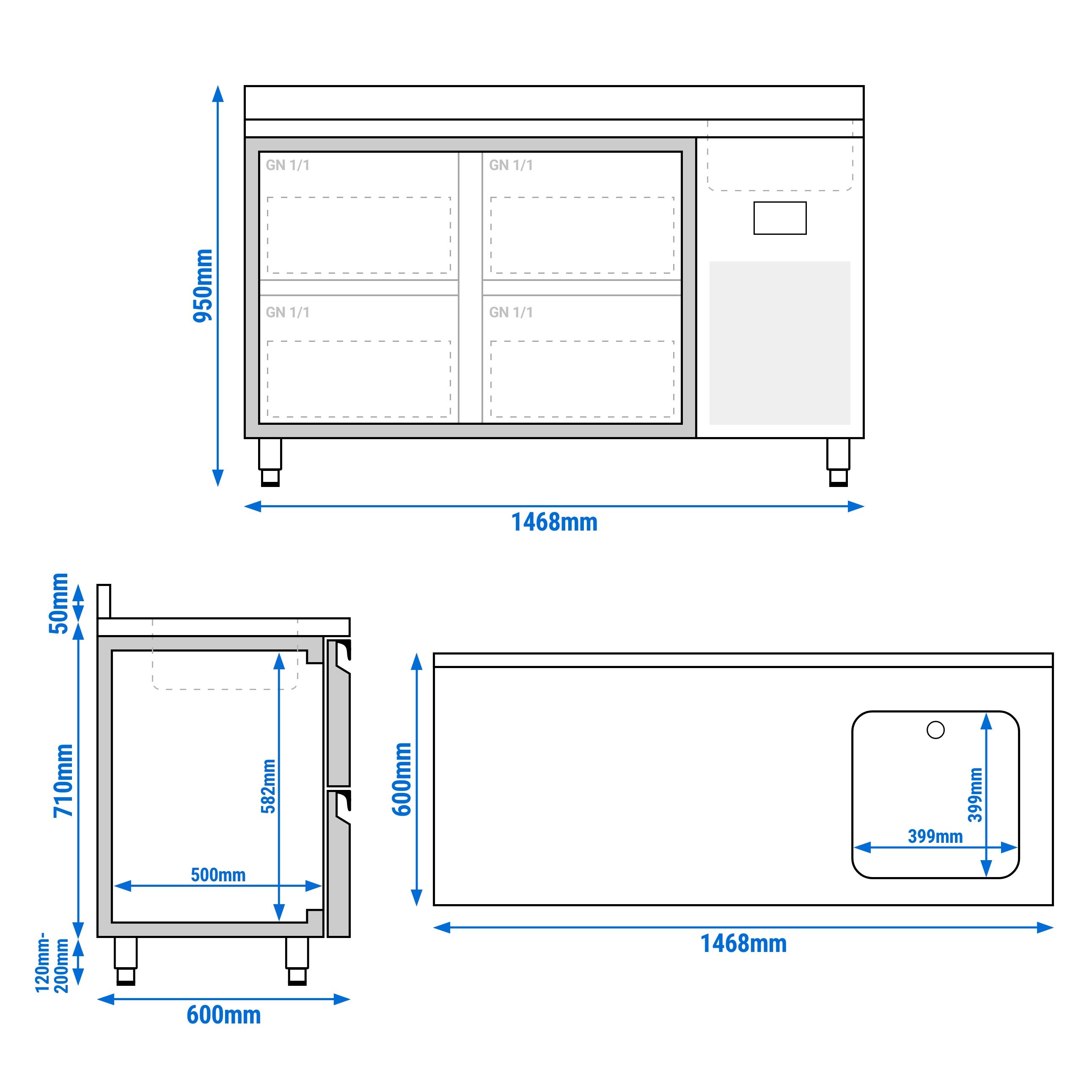 Table réfrigérée Premium PLUS - 1468x600 mm - avec 1 bac, 4 tiroirs - avec dosseret