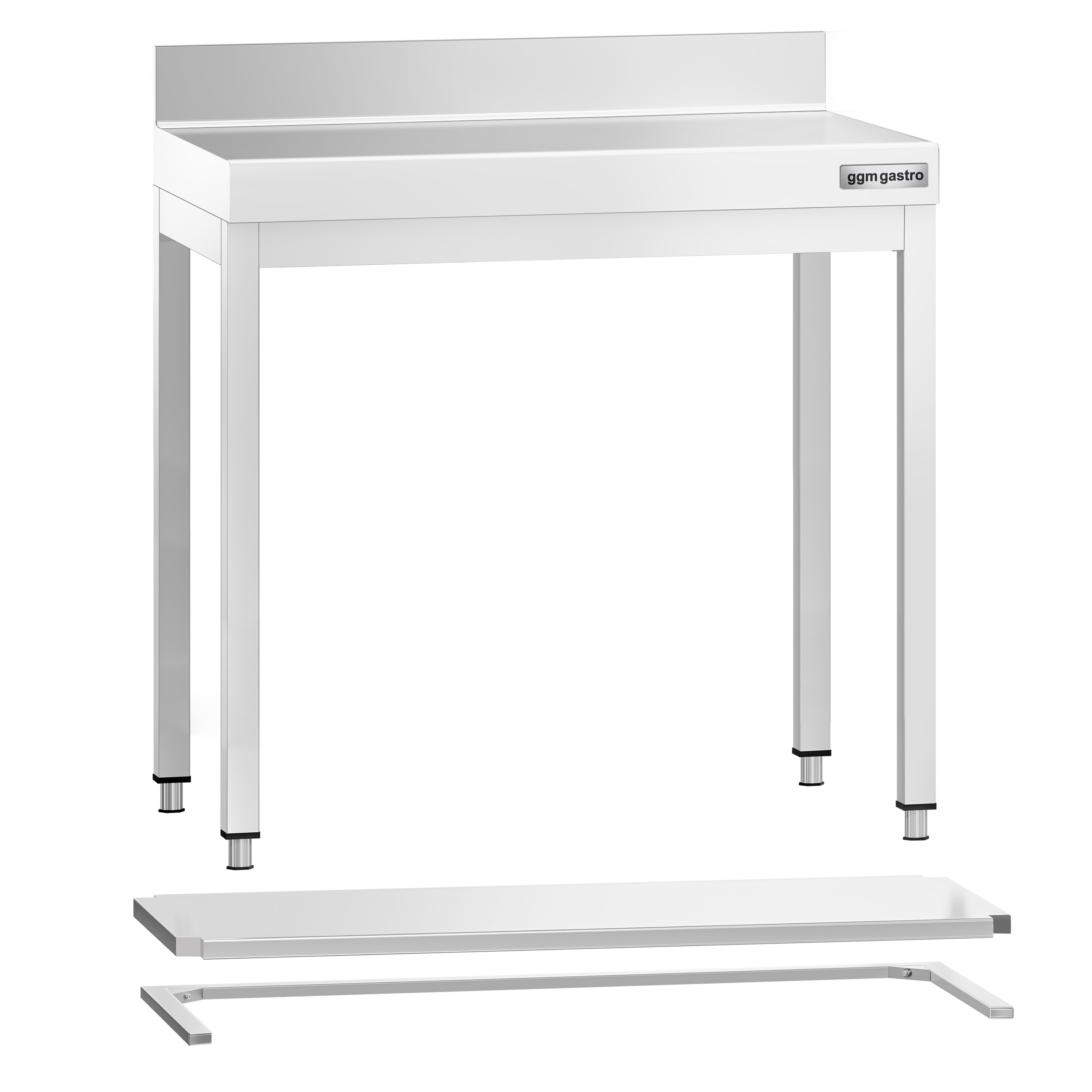 Table de travail inox PREMIUM - 700 x 700 mm - avec tablette inférieure, Dosseret & Renforts