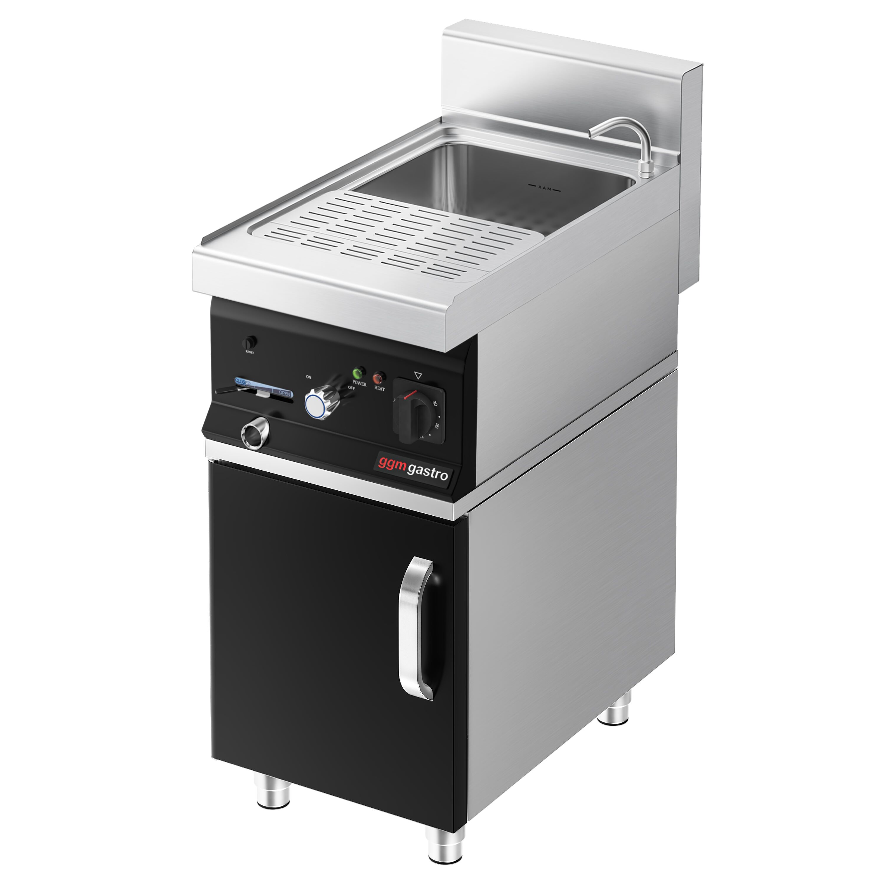 Cuiseur à pâtes électrique avec robinet – 26 L – 6 kW – incl. soubassement avec 1 porte