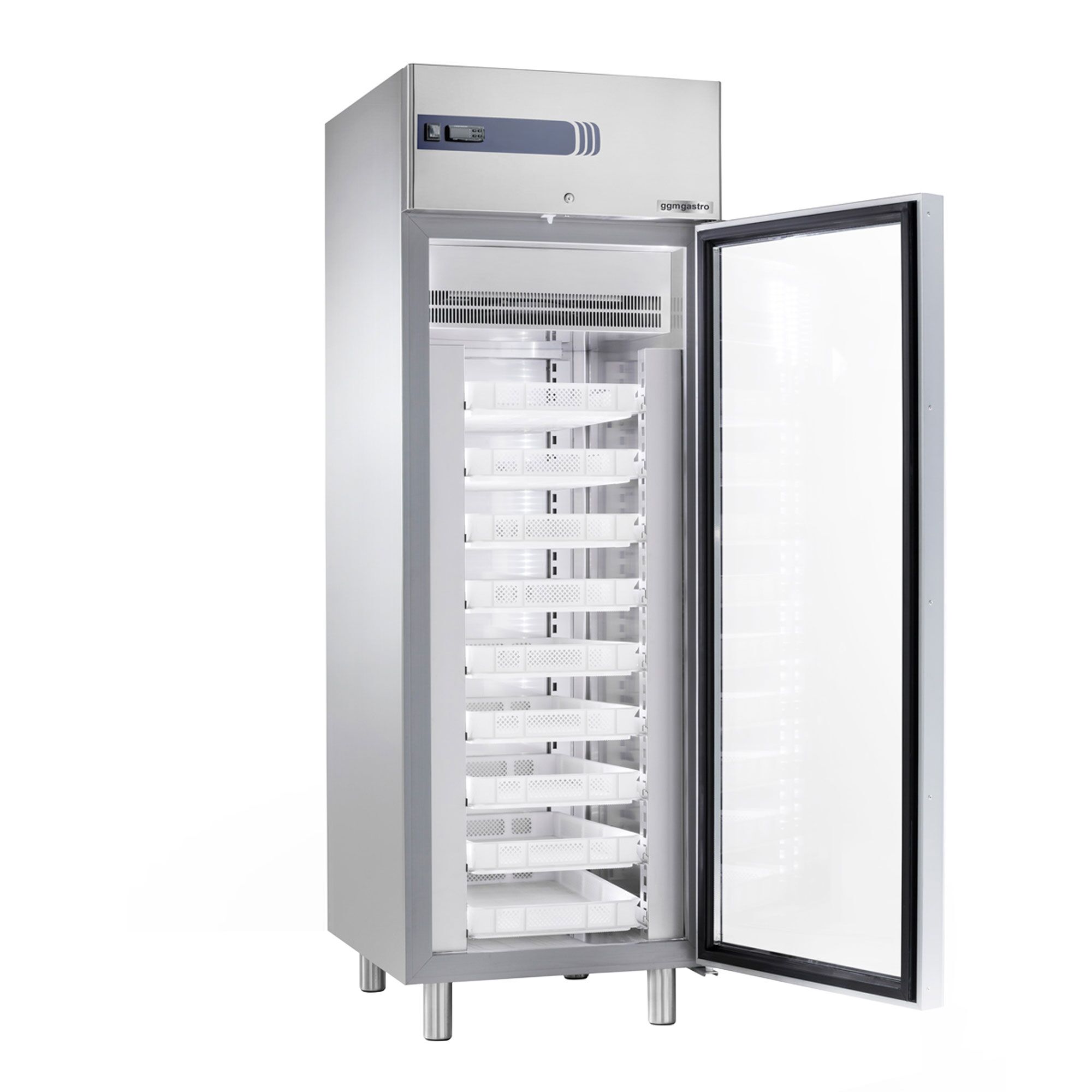 Armoire réfrigérée vitrée positive en Inox AISI 304 « Pasta » PREMIUM PLUS - EN 600x400 - 585 L - avec 1 porte vitrée & Glissières EN & 5 paires de rails inox - LED - Plage -2 à +35°C - p.ex. pour 14× bacs EN 600 x 400