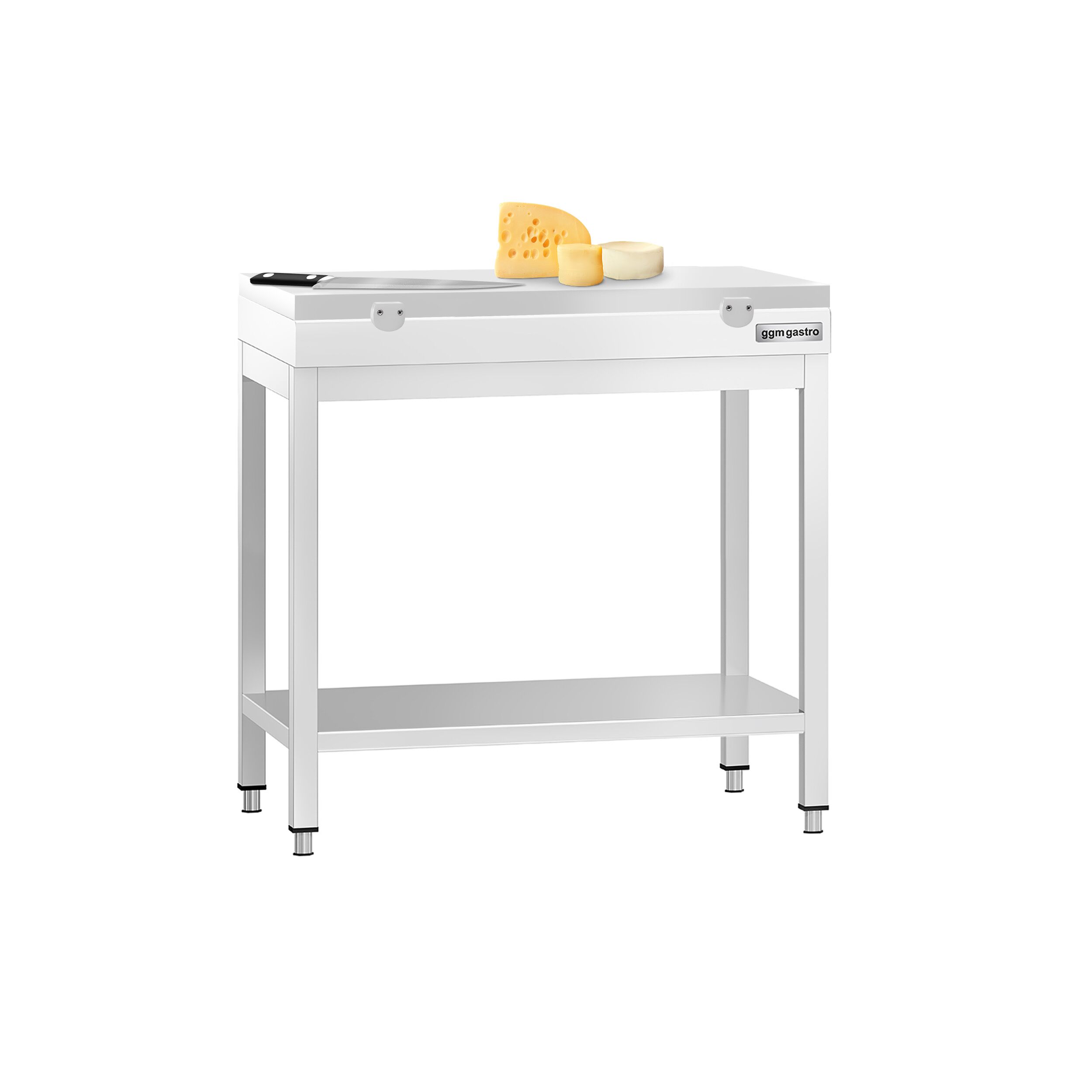 Stół roboczy centralny ze stali nierdzewnej PREMIUM - 700x700mm - z półką - z deską do krojenia Biały
