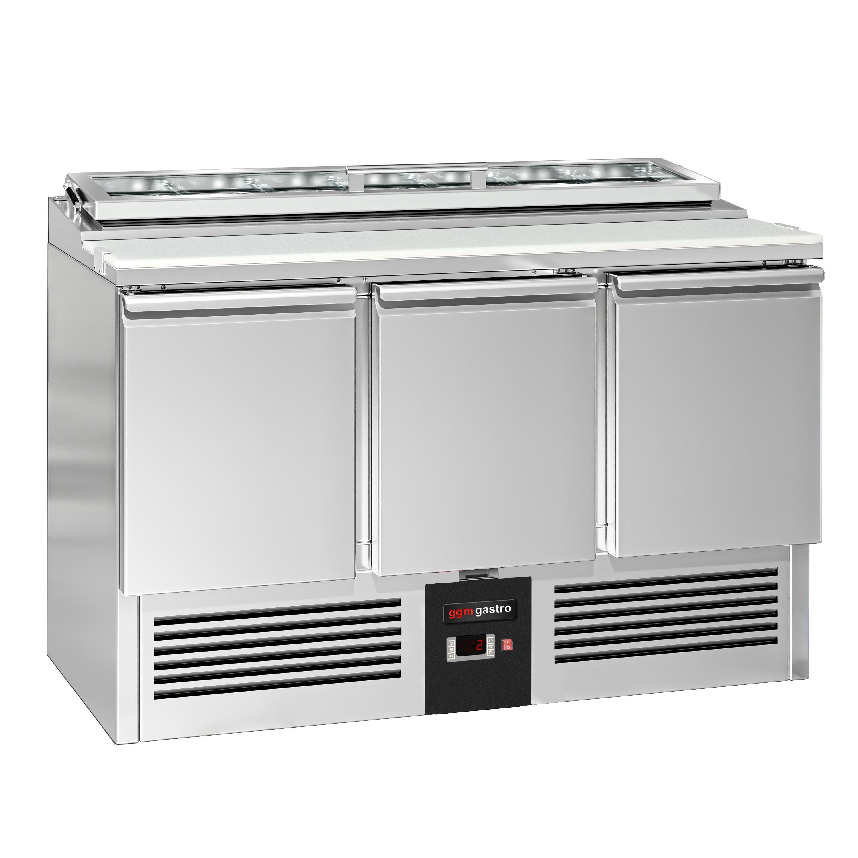 Saladette réfrigérée PREMIUM - 1365mm - 248L - 3 portes - avec découpe pour 7x GN 1/3 & Couvercle verre