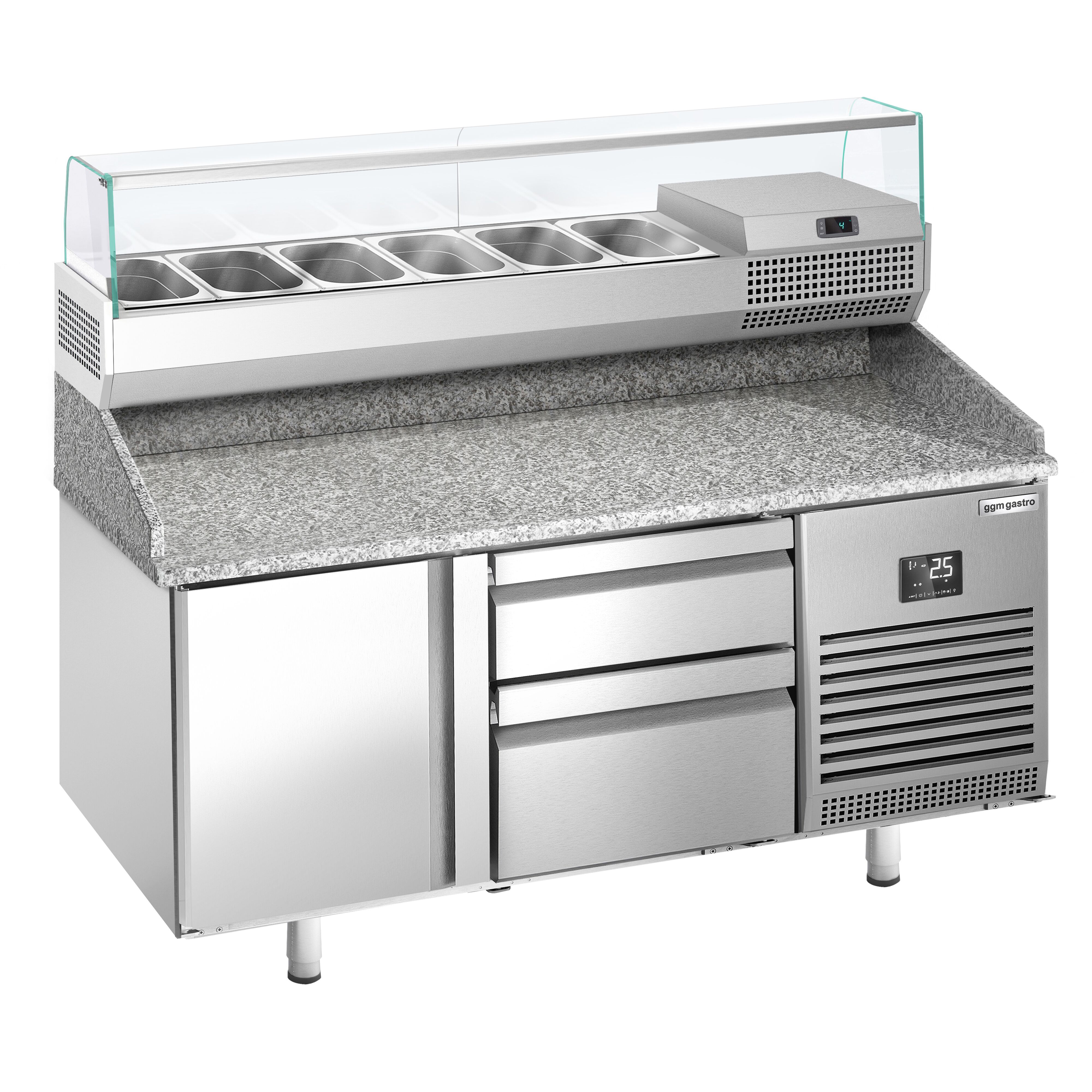 Table réfrigérée à pizza Premium PLUS - 1490x700 mm - avec 1 porte & 2 tiroirs - incl. vitrine réfrigérée - 6x GN 1/4