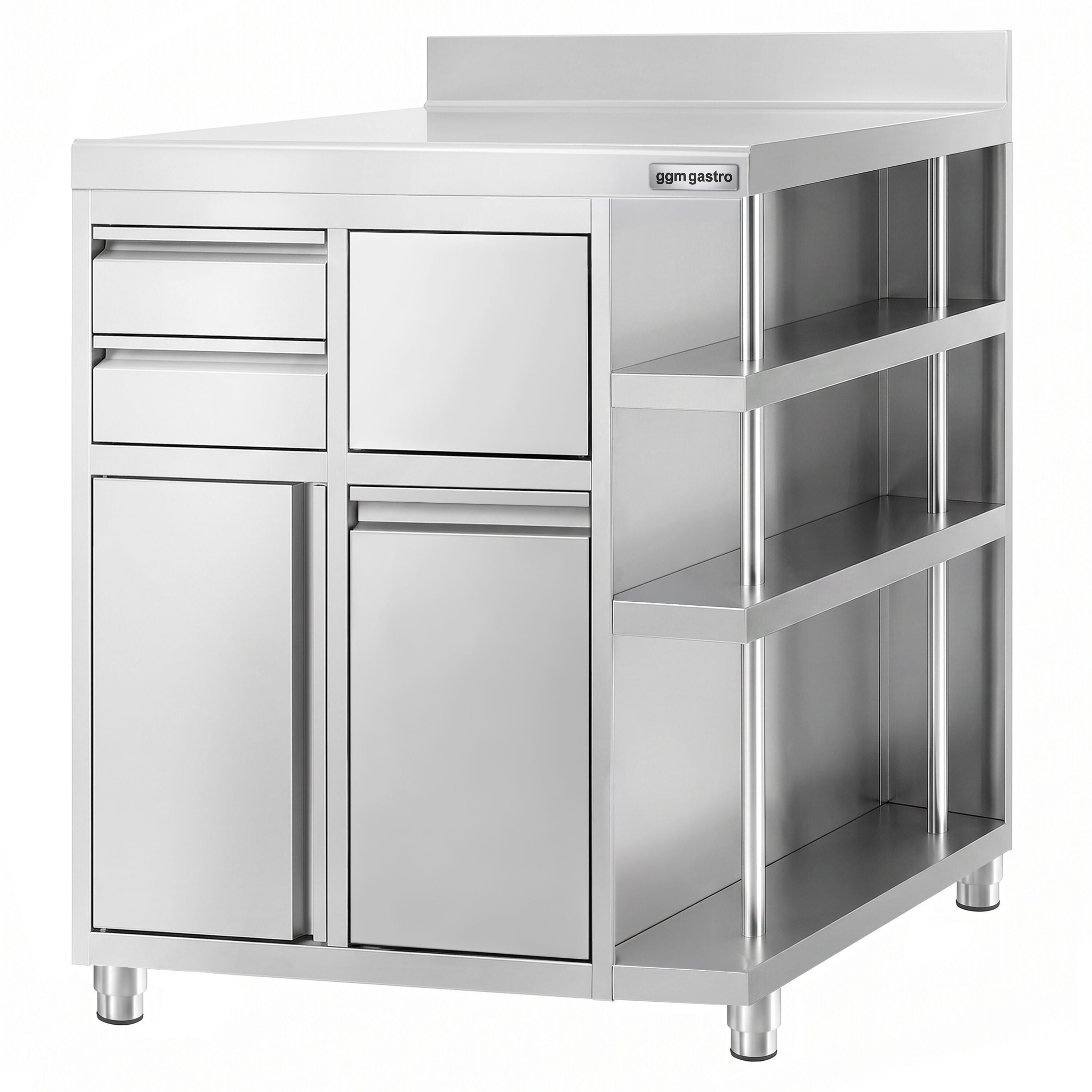 Arbetsskåp – för kaffebryggare – 1000 x 600 mm – med 1 svängdörr, 2 lådor, papperskorg, 3 hyllor och upphöjd kant