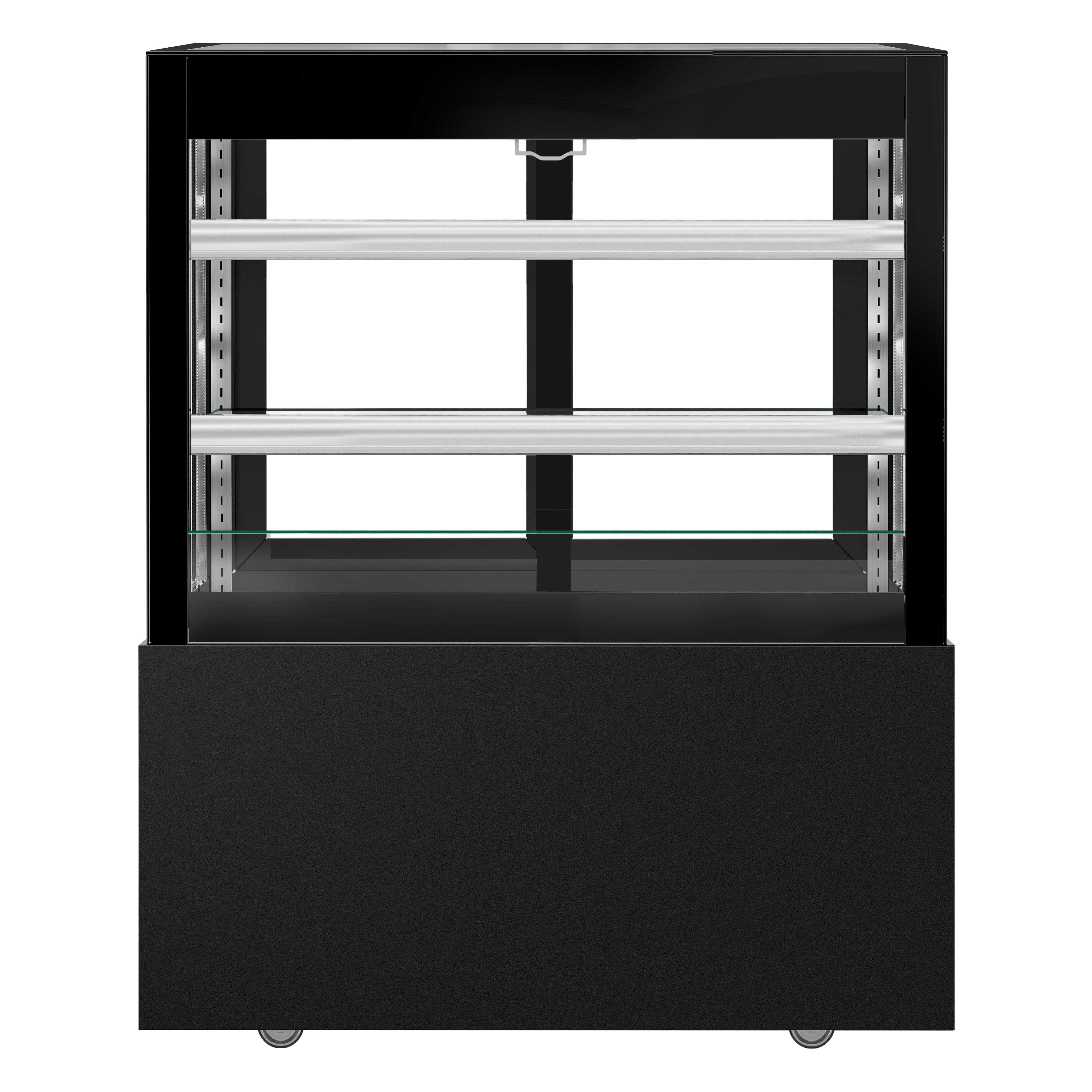 Vitrine à pâtisserie réfrigérée MADRID Self-Service - 435L - 1000mm - Double vitrage - avec 2 étagères en verre - portes coulissantes vitrées arrière - avec rideau de nuit - pour pâtisseries - Pour FR - Noir mat