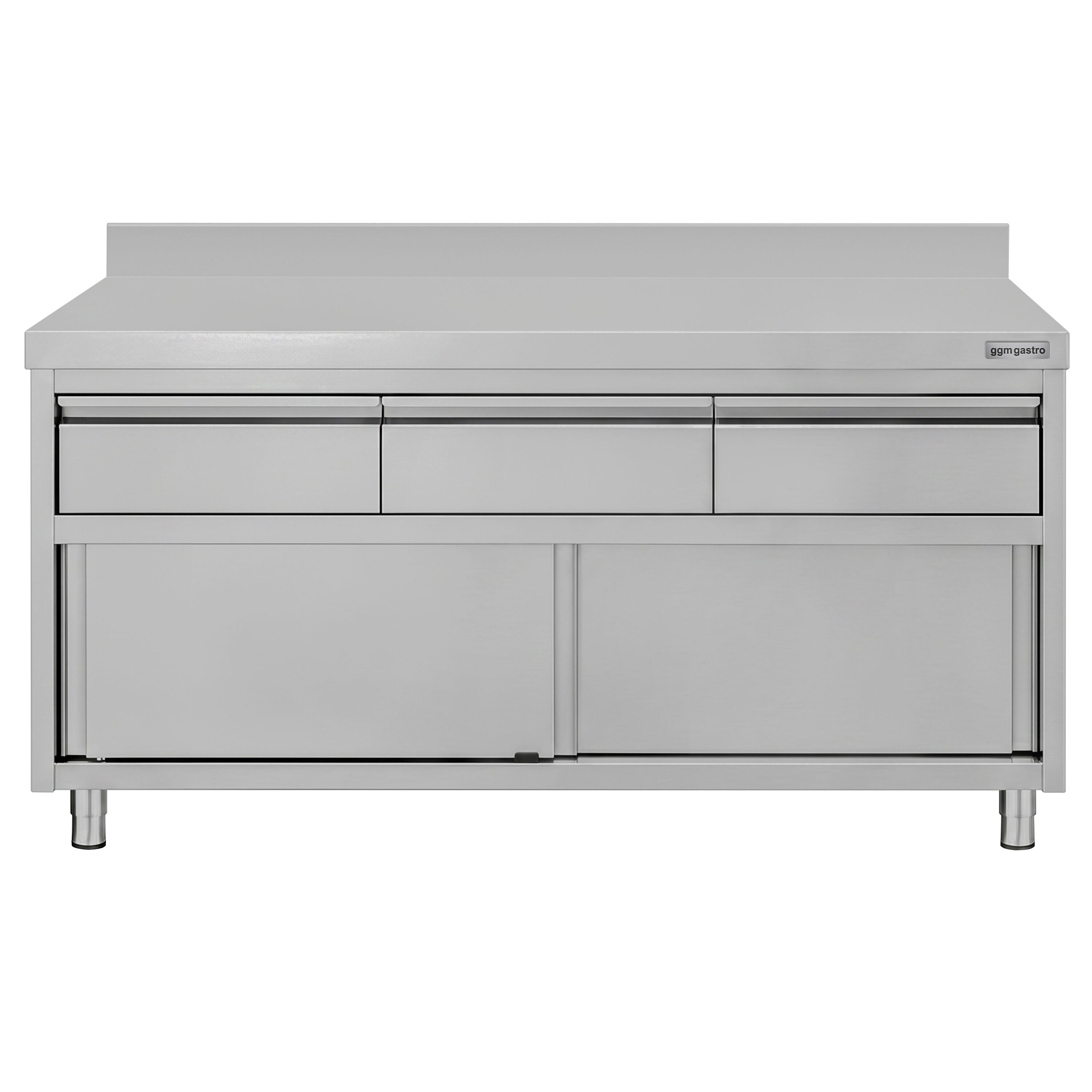 Armoire de travail en acier inoxydable ECO - 1600 x 600 mm - avec rebord - avec 3 tiroirs et une porte coulissante