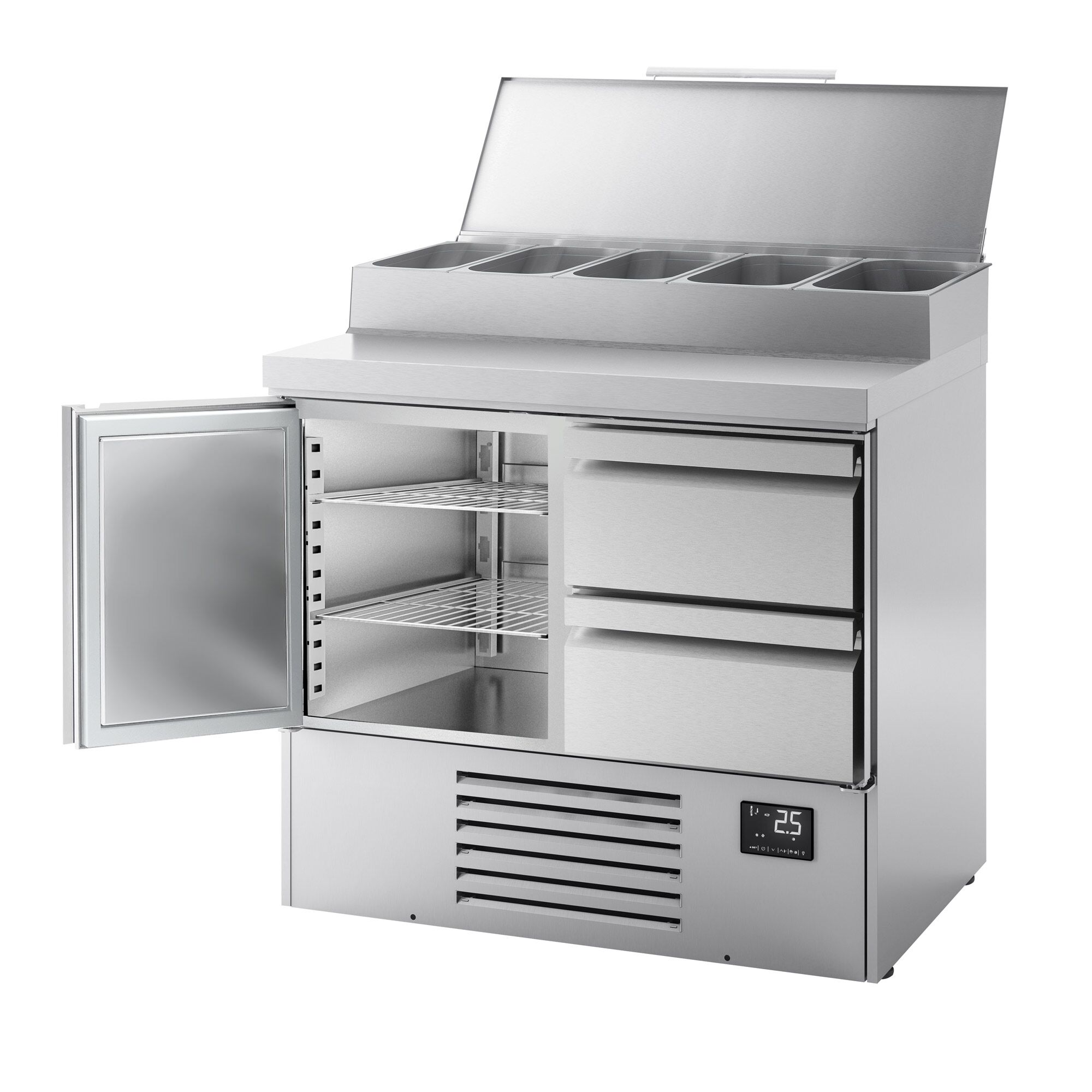 Table réfrigérée de préparation Mini - 978 x 700 mm - avec 1 porte et 2 tiroirs - avec superstructure en inox 5 x GN 1/4