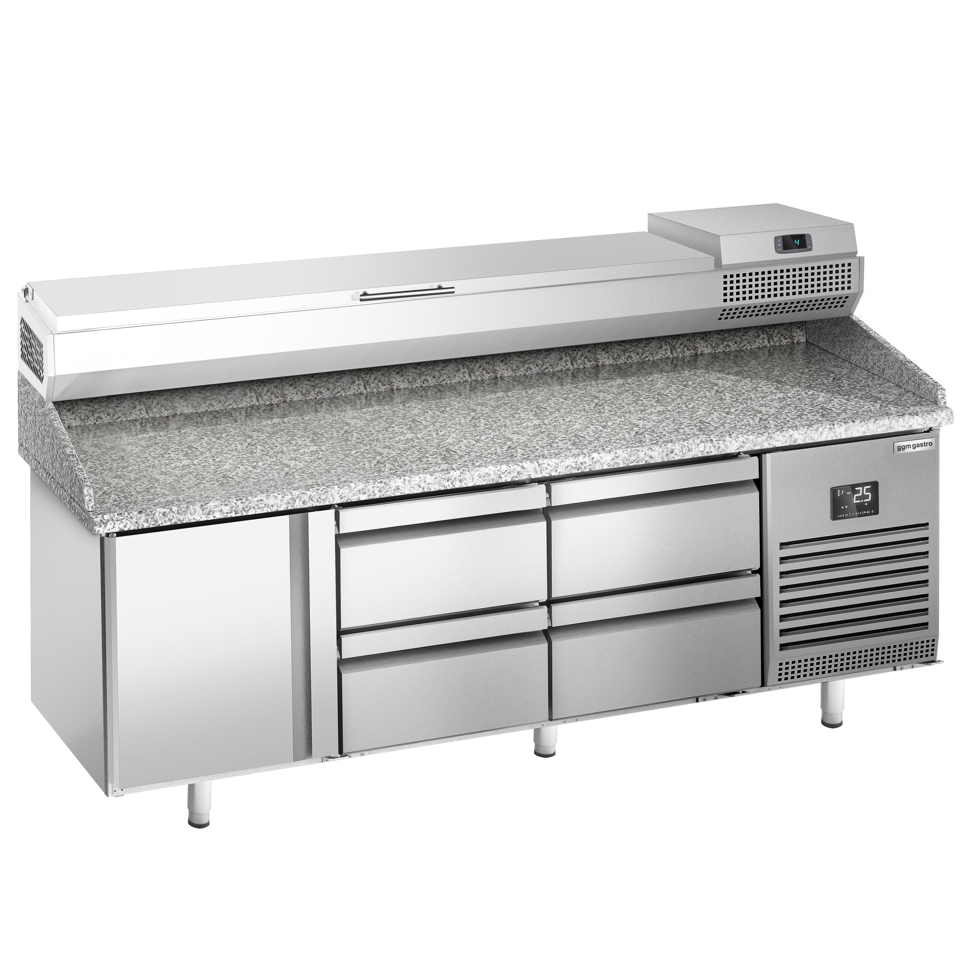 Table réfrigérée à pizza Premium PLUS - 1980x700 mm - avec 1 porte & 4 tiroirs - incl. vitrine réfrigérée - 9x GN 1/4