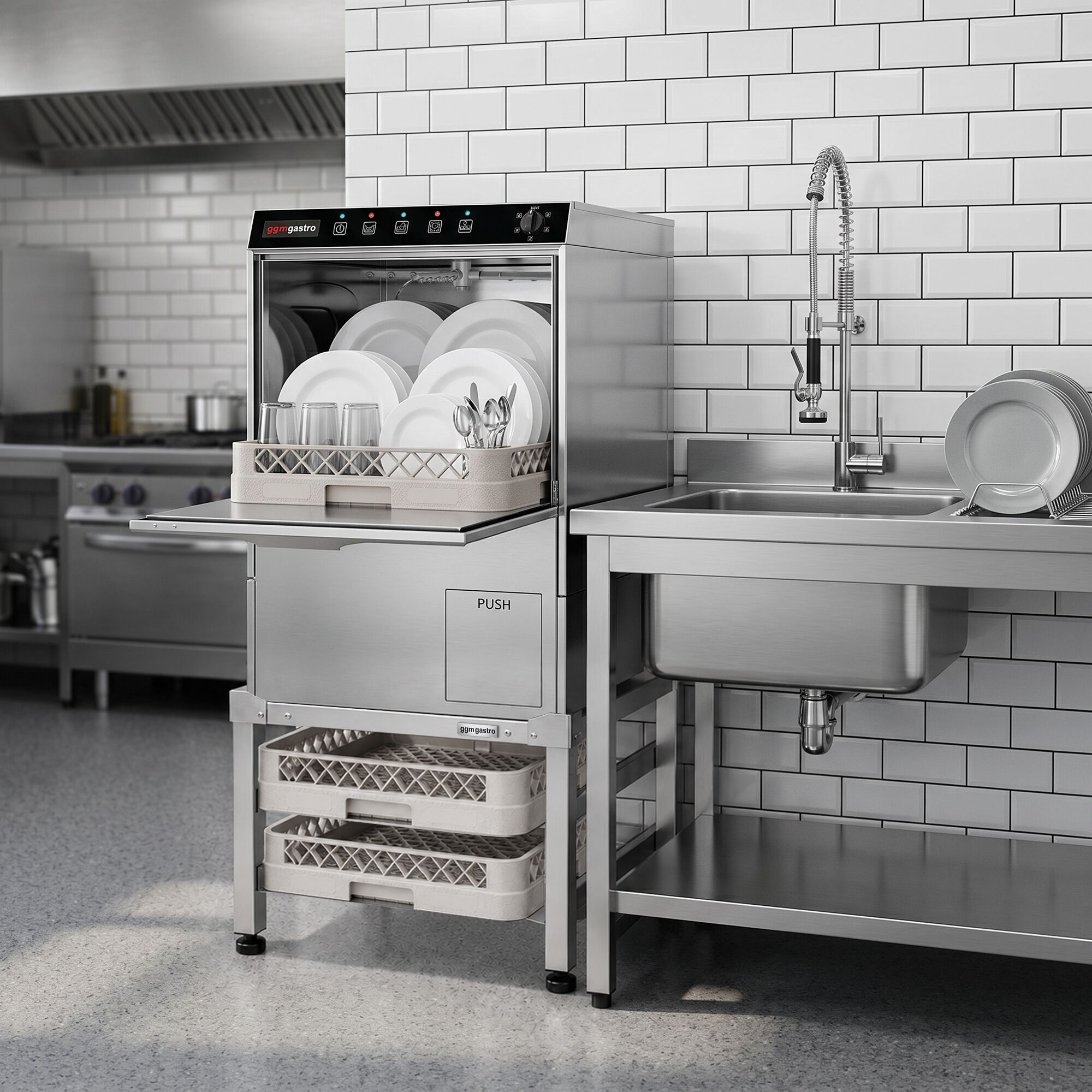 Untergestell für Geschirrspülmaschine - mit 2 Ablagen für Körbe 500x500mm